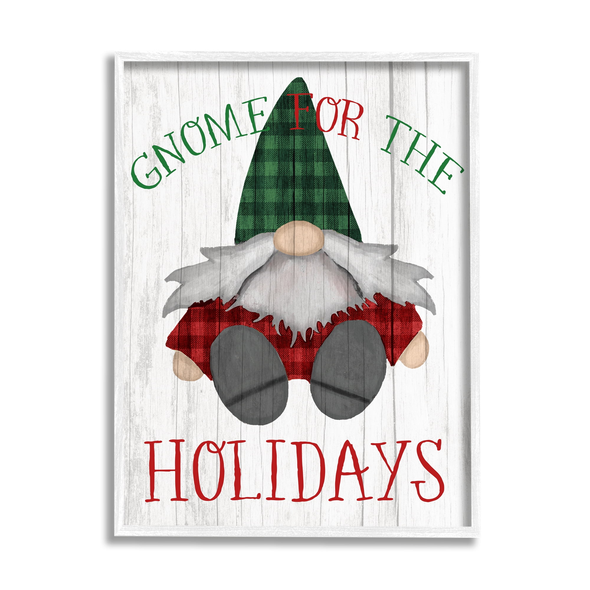 Stupell Industries Gnome for the Holidays Festive Garden Elf Plaid Country Painting White framed Art Print Wall Art, 11 x 14, Design by Daphne Polselli