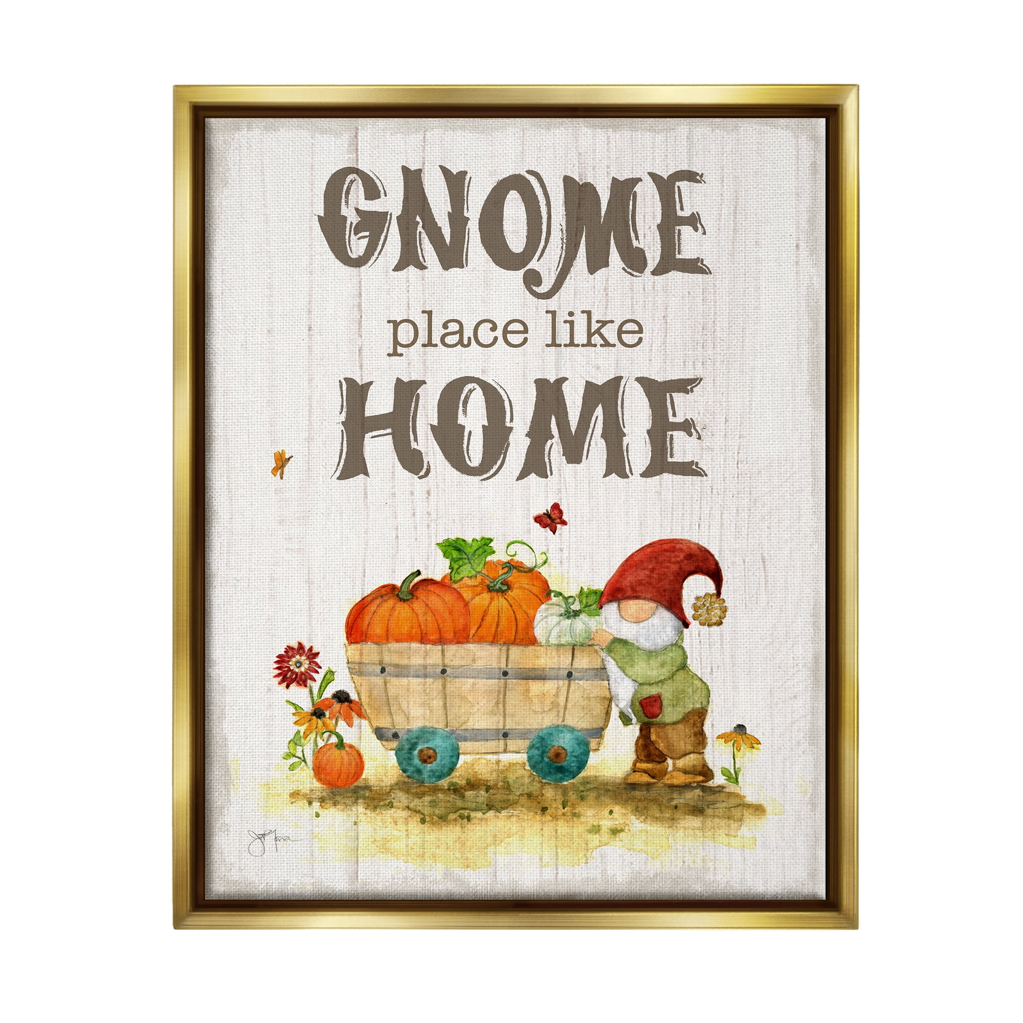 Stupell Industries Gnome Pun Garden Harvest Botanical & Floral Painting Gold Floater Framed Canvas Art Print Wall Art, 17 x 21