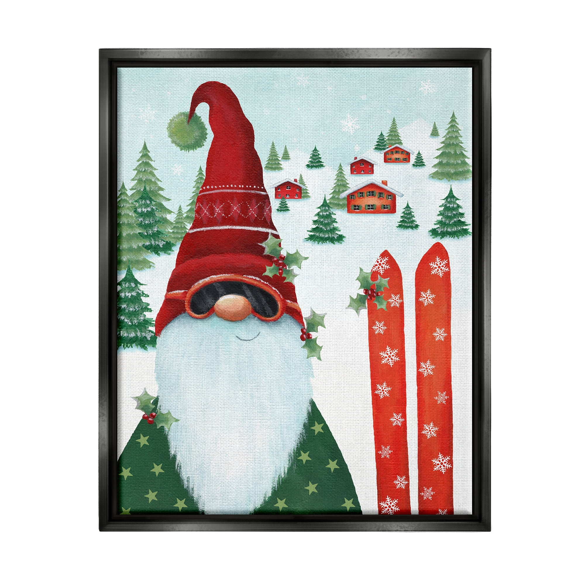 Stupell Industries Gnome Skiing Winter Slopes Holiday Painting Black Floater Framed Canvas Art Print Wall Art, 25 x 31