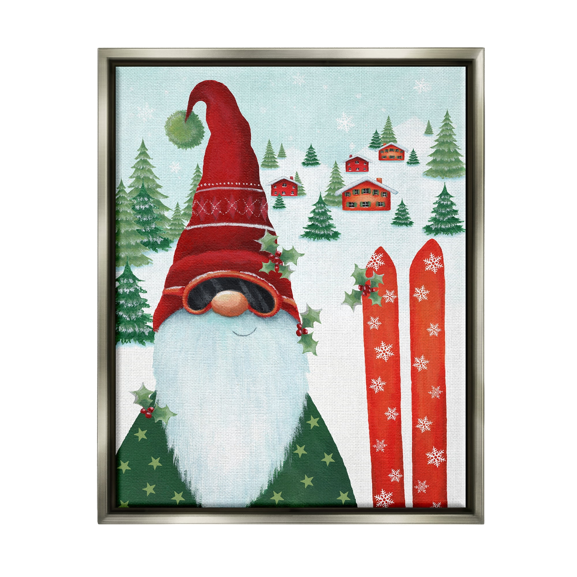 Stupell Industries Gnome Skiing Winter Slopes Holiday Painting Gray Floater Framed Canvas Art Print Wall Art, 25 x 31