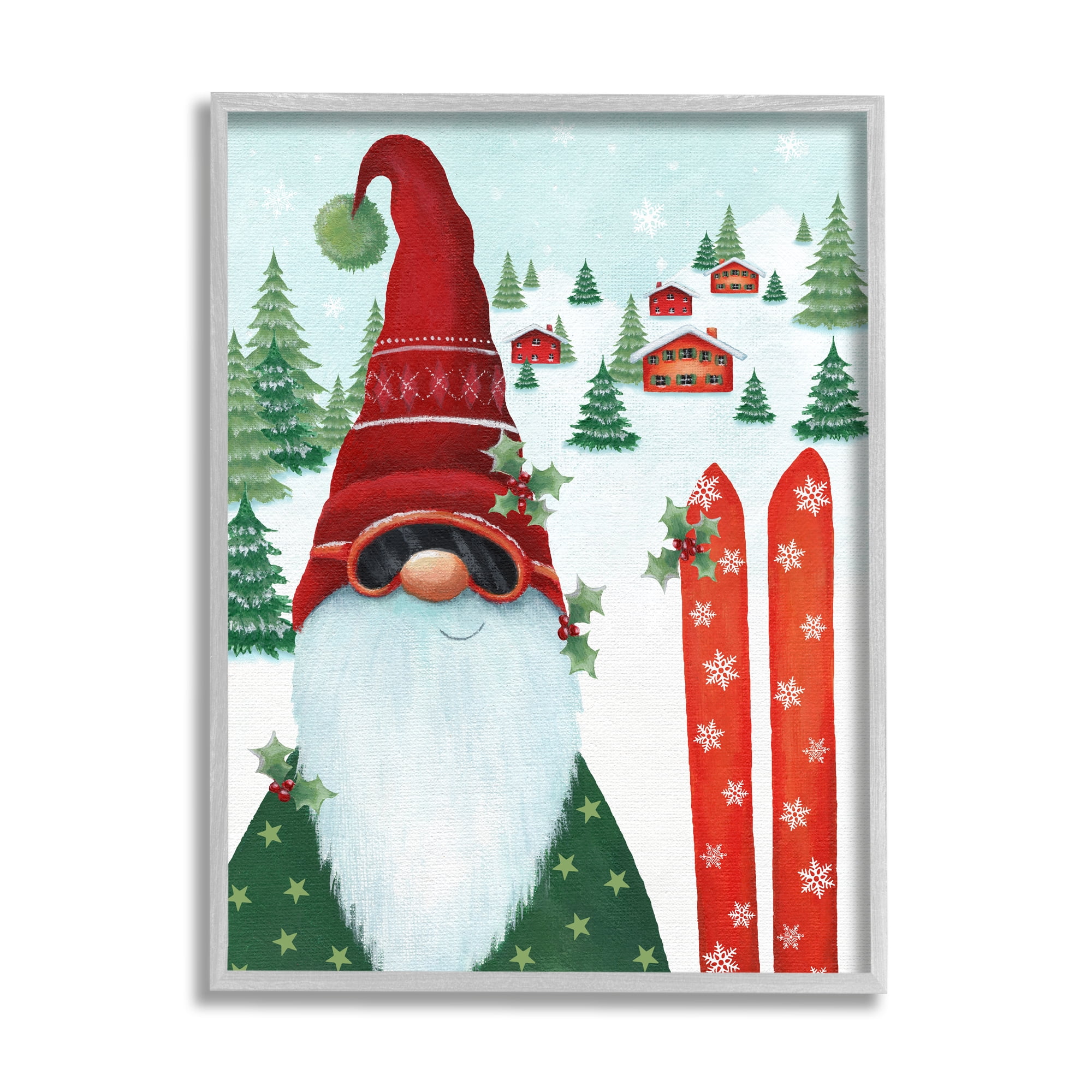 Stupell Industries Gnome Skiing Winter Slopes Holiday Painting Gray Framed Art Print Wall Art, 16 x 20