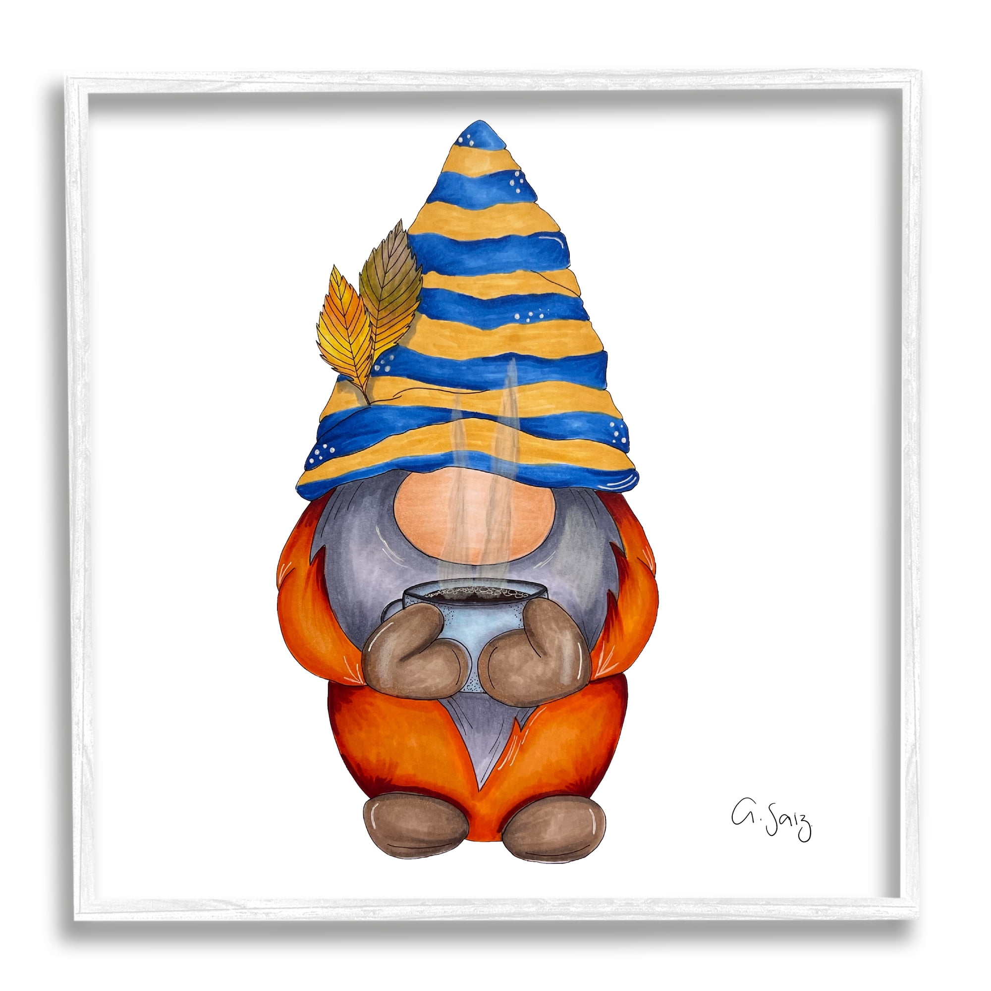 Stupell Industries Gnome Steaming Coffee Cup Drink Fairy Tales & Fantasy Painting White Framed Art Print Wall Art