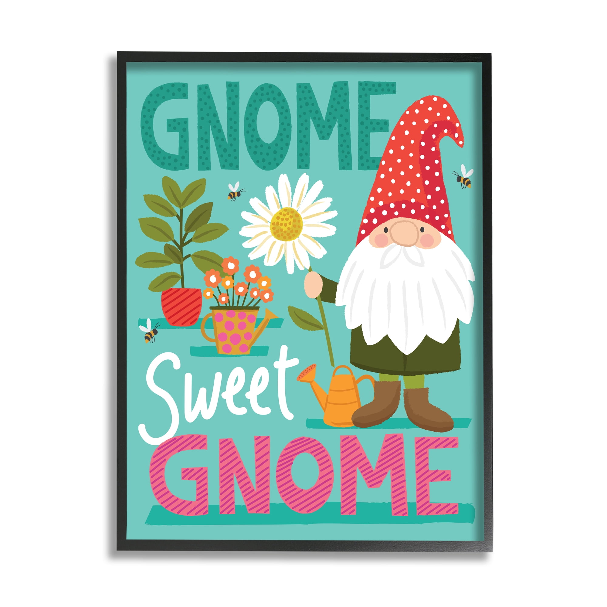 Stupell Industries Gnome Sweet Gnome Pun White Daisy Garden Elf Graphic Art Black Framed Art Print Wall Art, 11x14, by Lisa Whitebutton