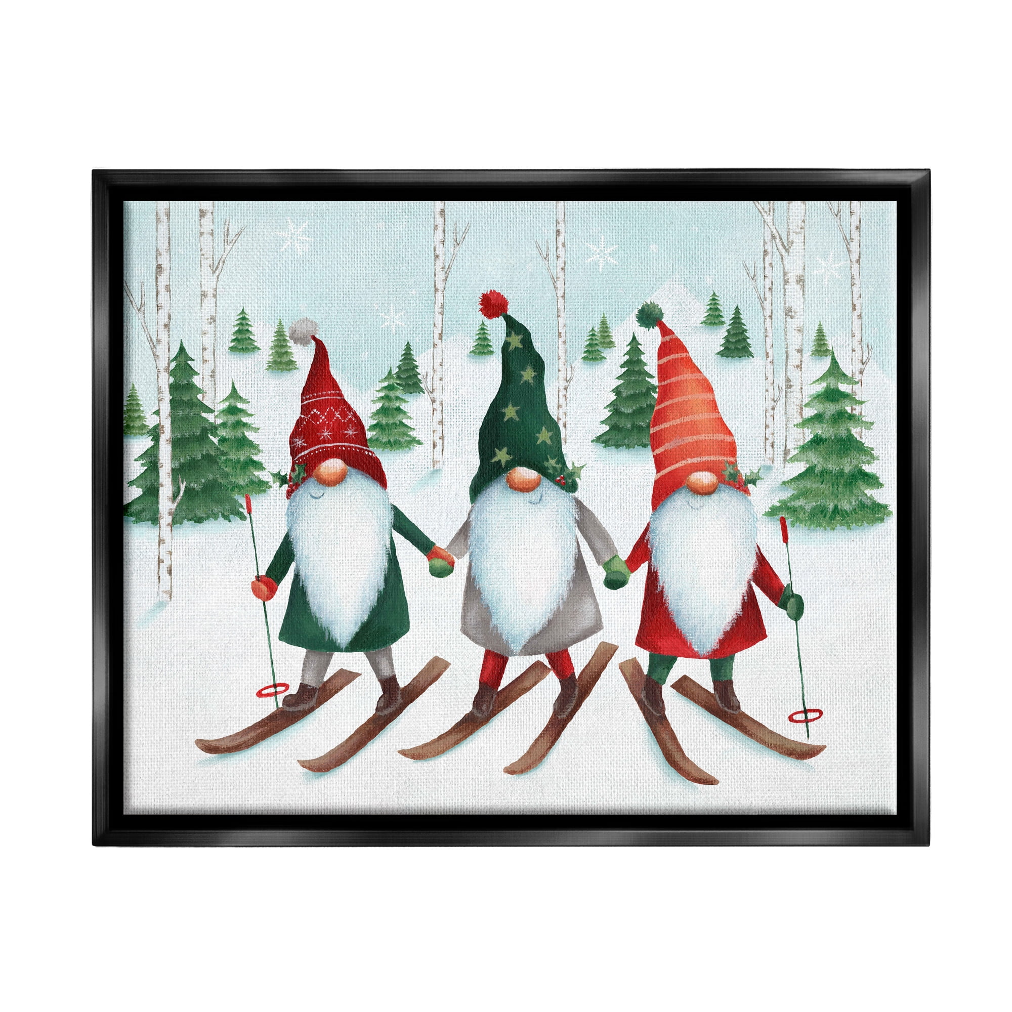 Stupell Industries Gnome Trio Skiing Holiday Painting Black Floater Framed Canvas Art Print Wall Art, 21 x 17