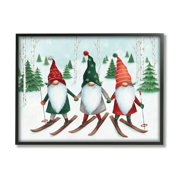 Stupell Industries Gnome Trio Skiing Holiday Painting Black Framed Art Print Wall Art, 14 x 11