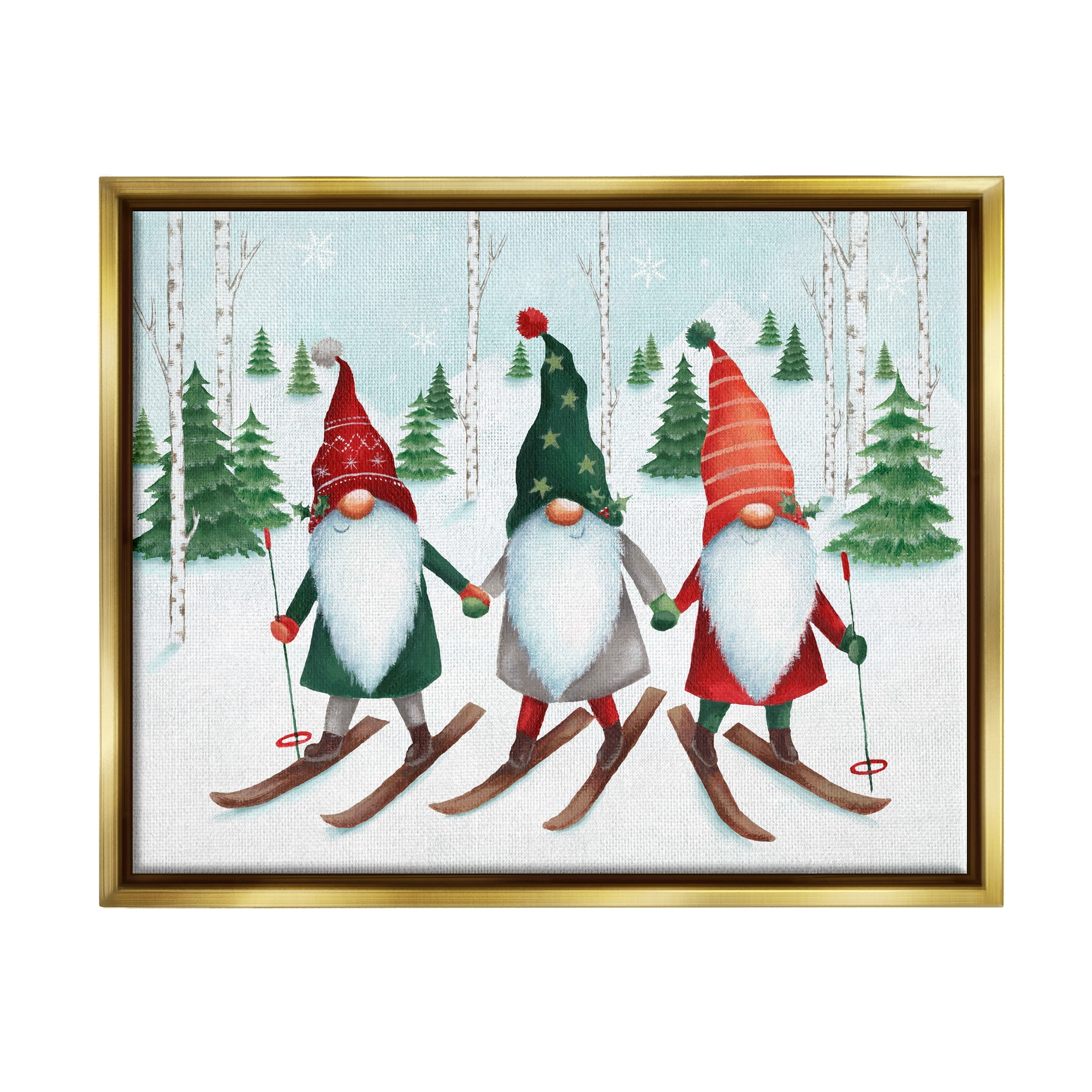 Stupell Industries Gnome Trio Skiing Holiday Painting Gold Floater Framed Canvas Art Print Wall Art, 31 x 25