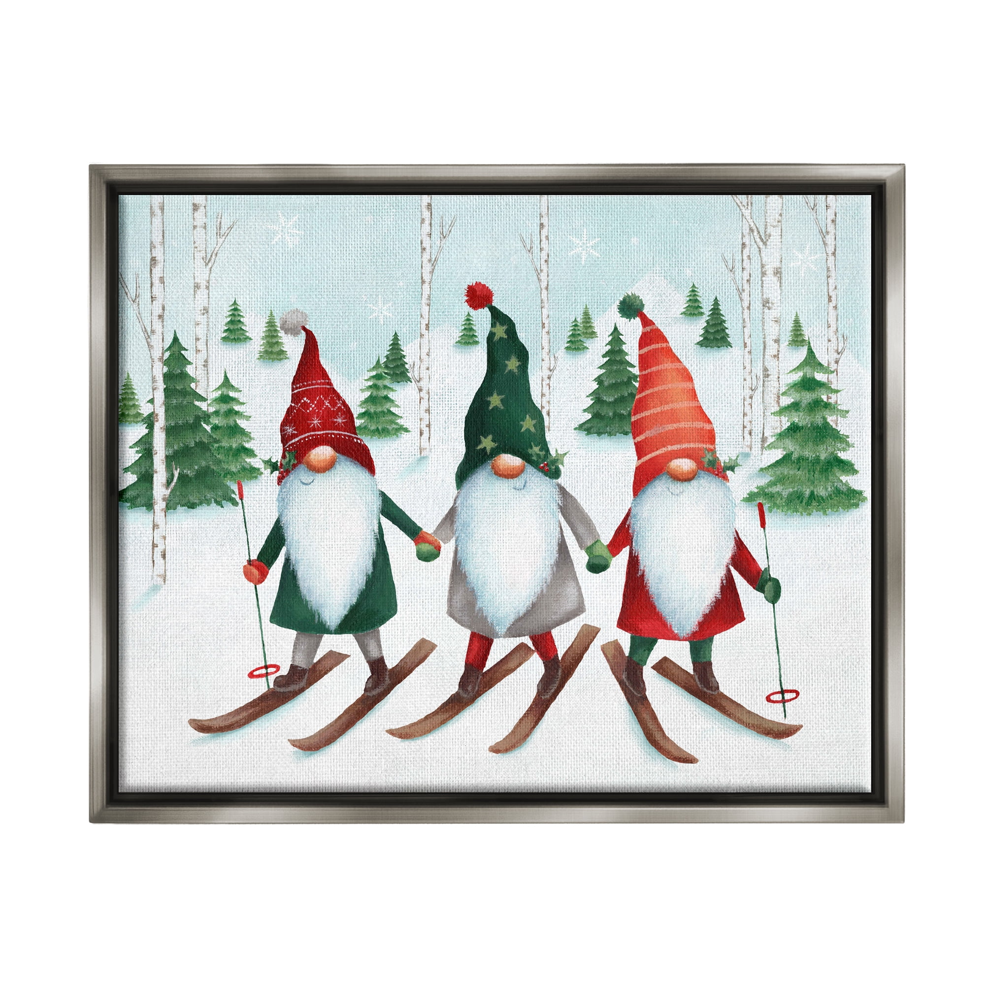 Stupell Industries Gnome Trio Skiing Holiday Painting Gray Floater Framed Canvas Art Print Wall Art, 31 x 25