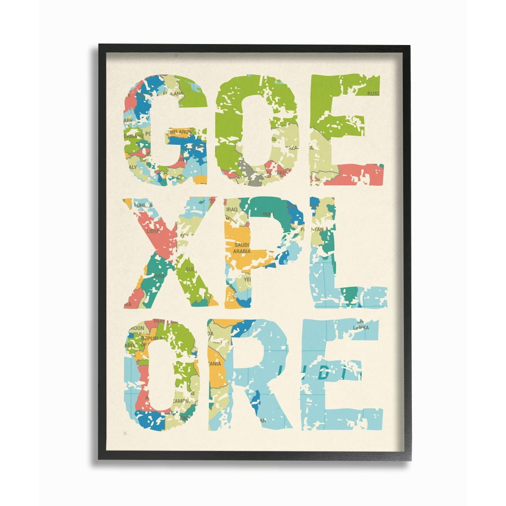 Stupell Industries Go Explore Map Text Country Adventure Word Design Framed Wall Art Design by Daphne Polselli, 24" x 30", Black Framed