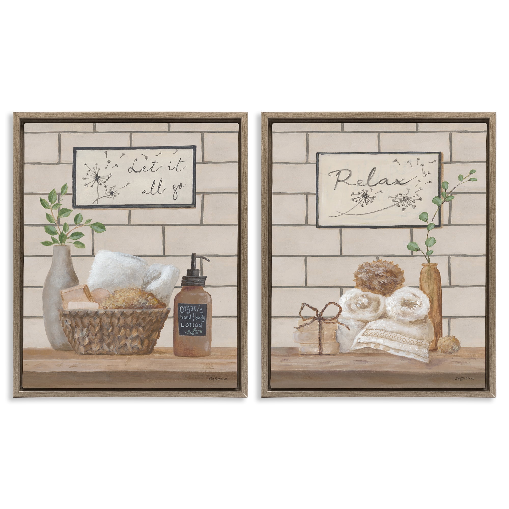 Stupell Industries Go Relax Traditional Bathroom Bath & Laundry Painting Brown Floater Framed Canvas Art Print Wall Art, 31 x 25, Set of 2