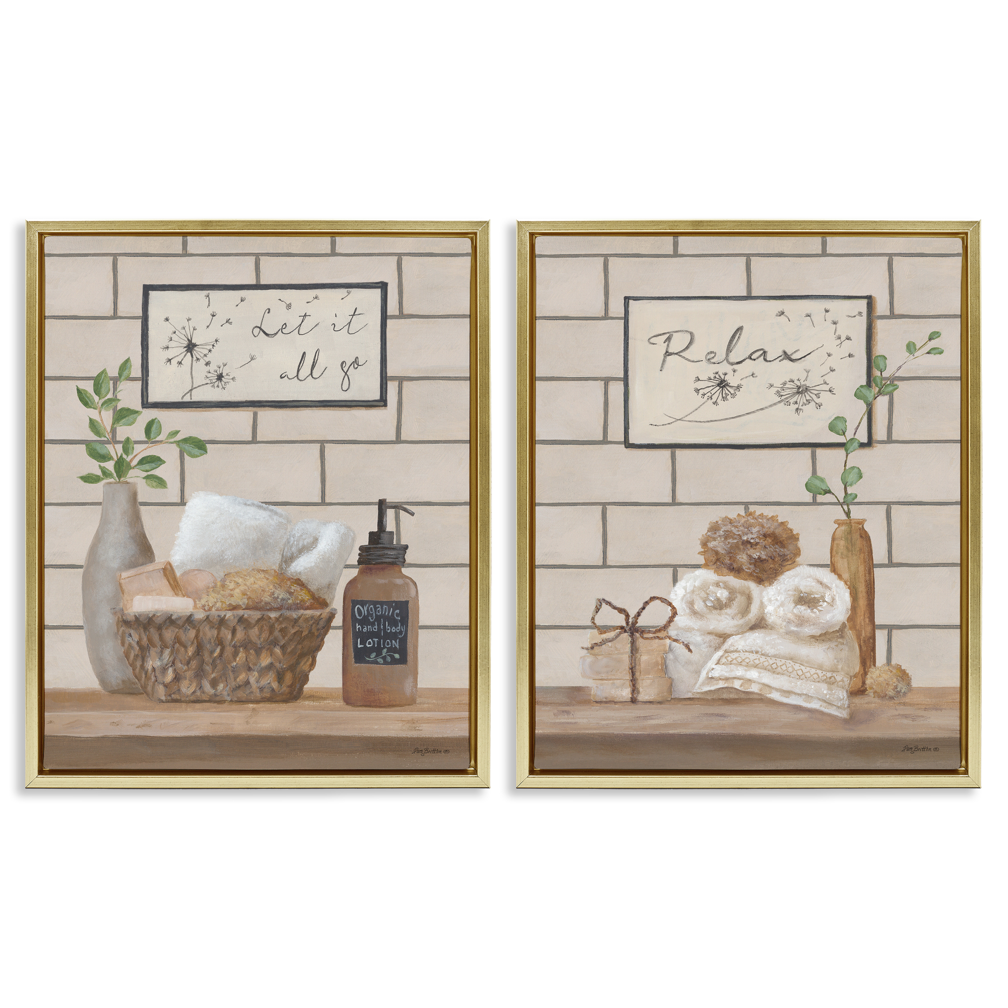 Stupell Industries Go Relax Traditional Bathroom Bath & Laundry Painting Gold Floater Framed Canvas Art Print Wall Art, 31 x 25, Set of 2