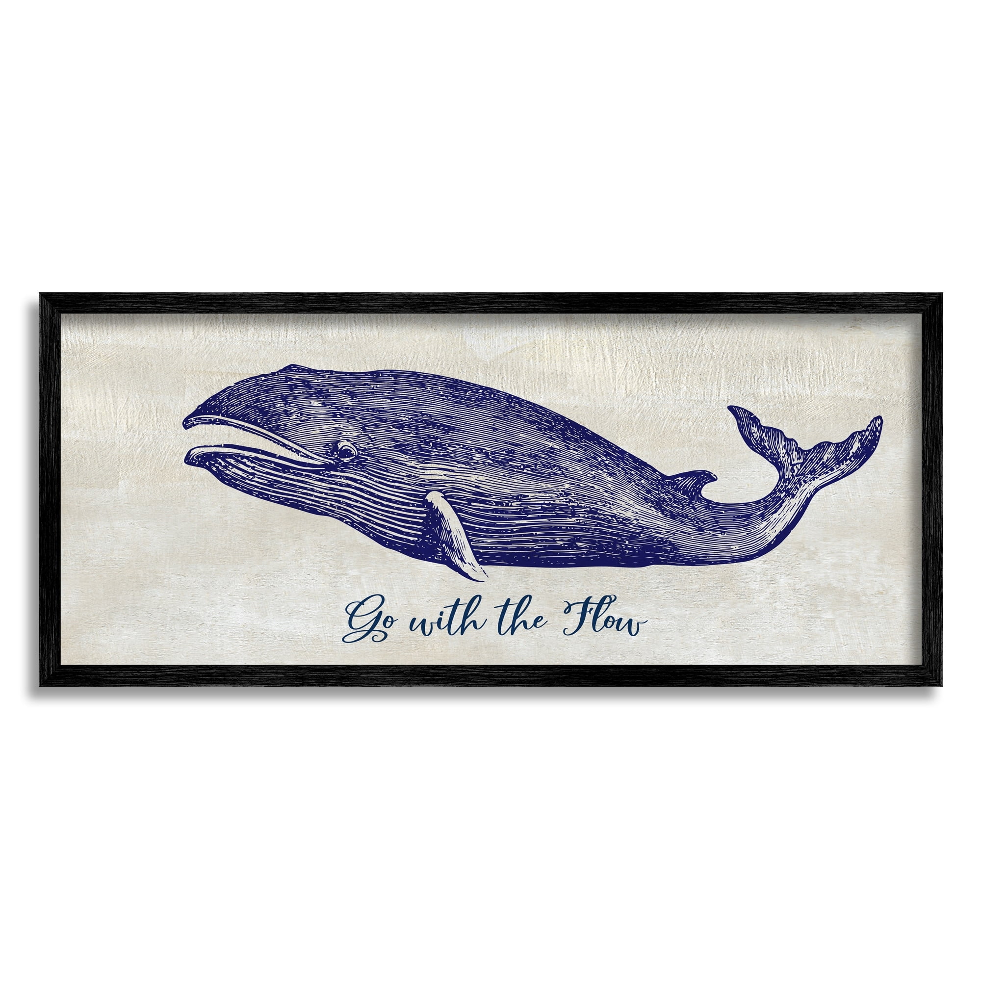 Stupell Industries Go With The Flow Aquatic Whale Ocean Phrase Graphic Art Black Framed Art Print Wall Art, Design by Susan Jill