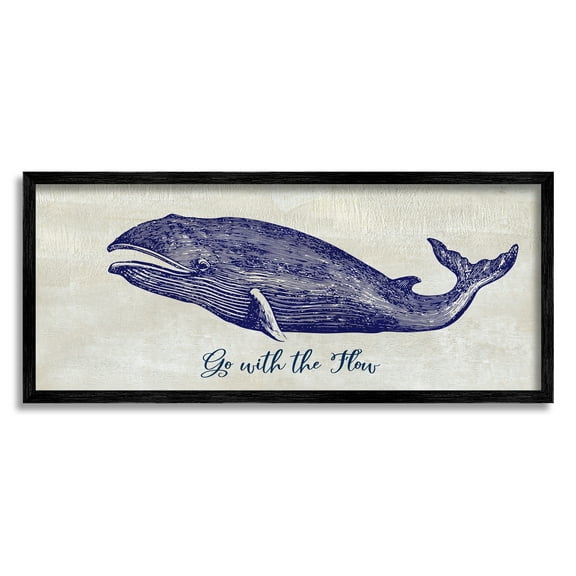 Stupell Industries Go With The Flow Aquatic Whale Ocean Phrase Graphic Art Black Framed Art Print Wall Art, Design by Susan Jill