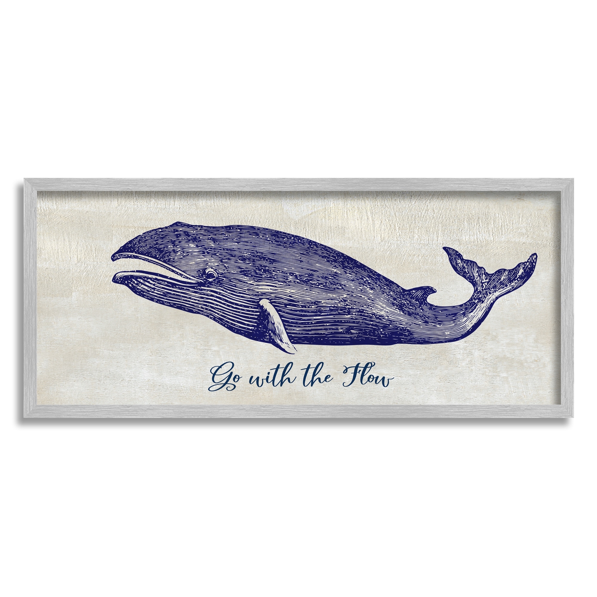 Stupell Industries Go With The Flow Aquatic Whale Ocean Phrase Graphic Art Gray Framed Art Print Wall Art, Design by Susan Jill