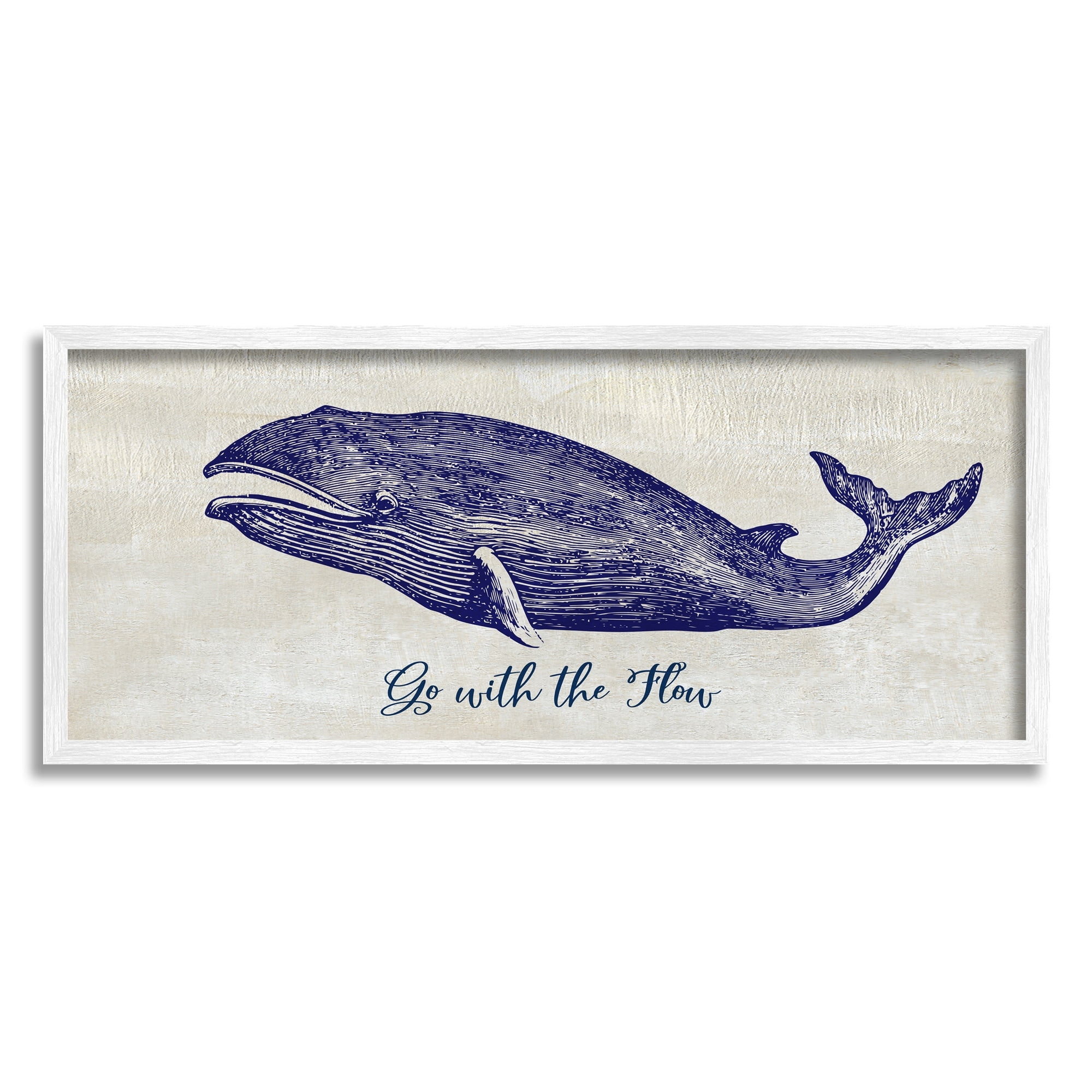 Stupell Industries Go With The Flow Aquatic Whale Ocean Phrase Graphic Art White Framed Art Print Wall Art, Design by Susan Jill