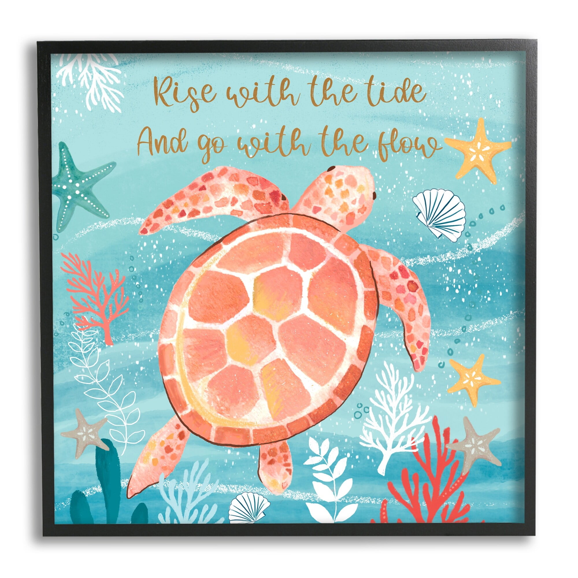 Stupell Industries Go With The Flow Sea Turtle Uplifting Message Graphic Art Black Framed Art Print Wall Art, Design by Sharon Lee