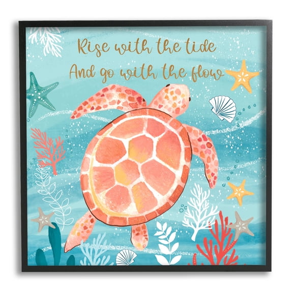 Stupell Industries Go With The Flow Sea Turtle Uplifting Message Graphic Art Black Framed Art Print Wall Art, Design by Sharon Lee