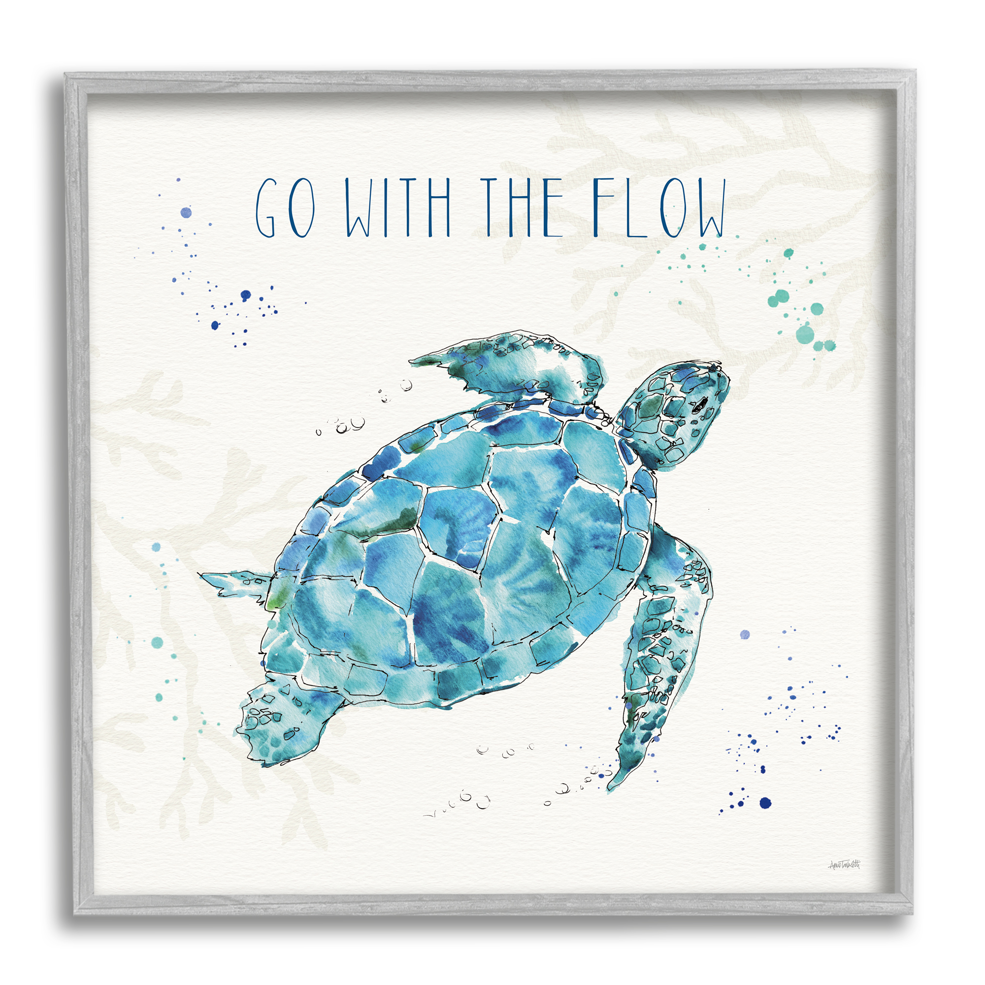 Stupell Industries Go with the Flow Quote Turtle Tortoise Blue Green Watercolor, 24 x 24,Design by Anne Tavoletti