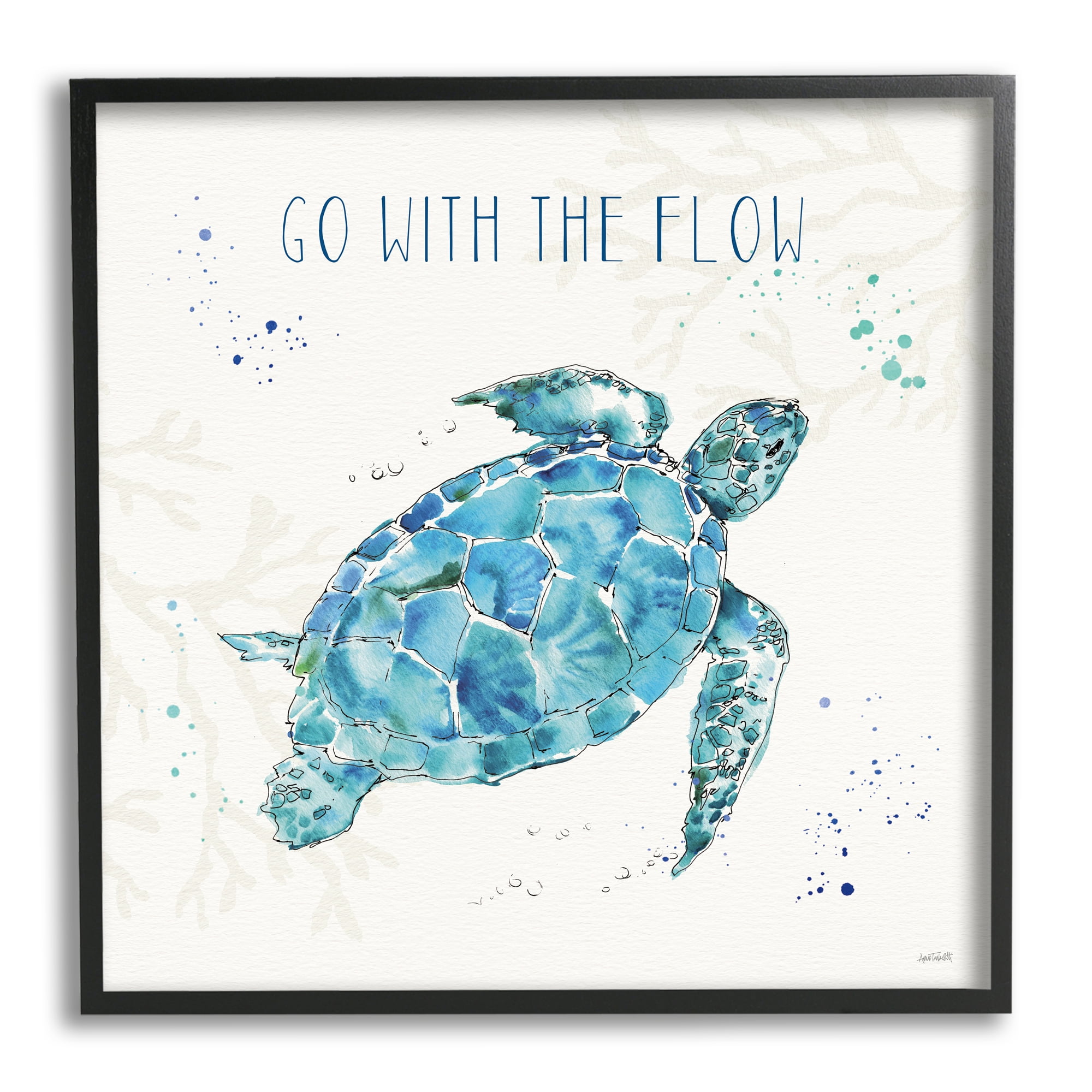 Stupell Industries Go with the Flow Quote Turtle Tortoise Blue Green Watercolor, 24 x 24,Design by Anne Tavoletti