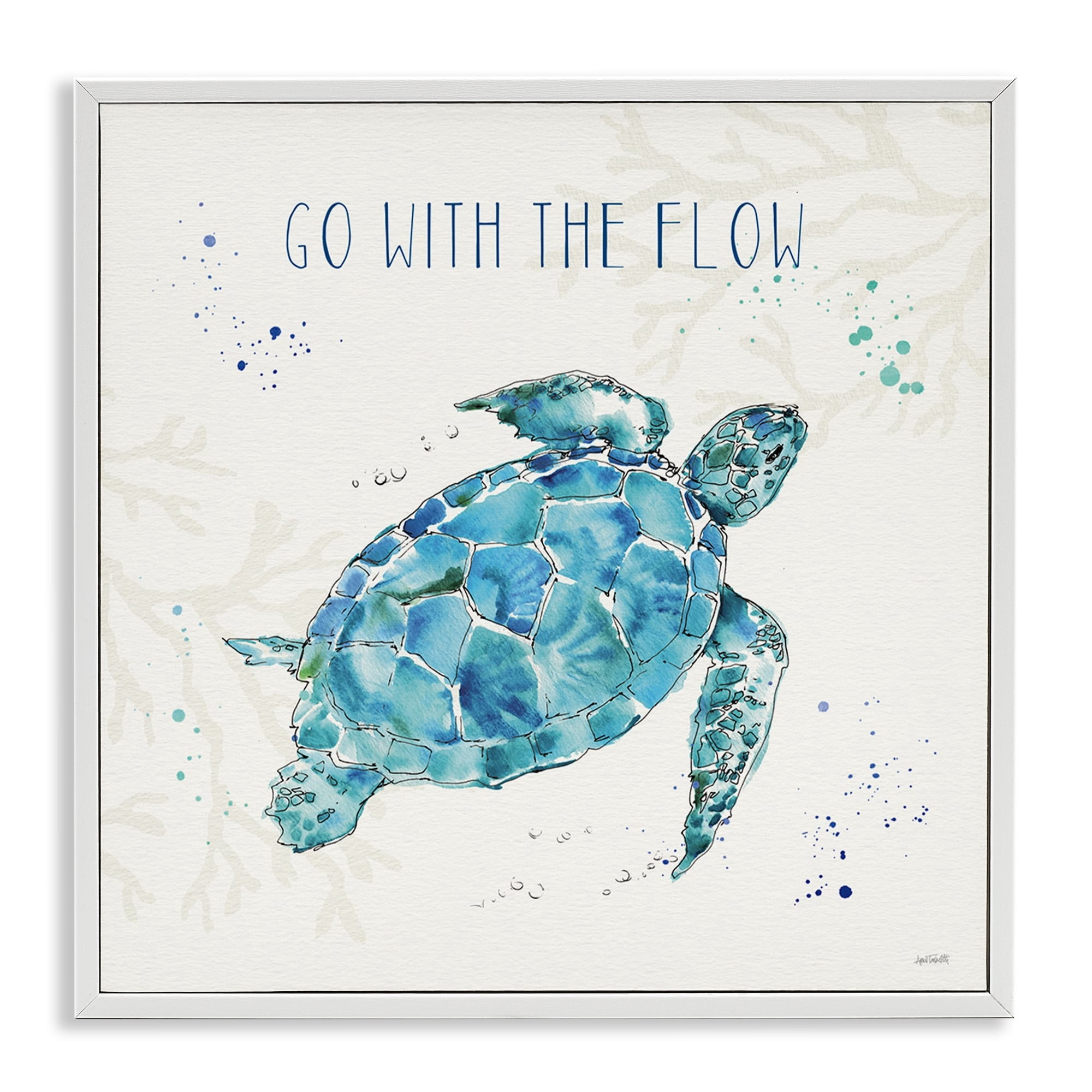Stupell Industries Go with the Flow Quote Turtle Tortoise Blue Green Watercolor, 24 x 24,Design by Anne Tavoletti