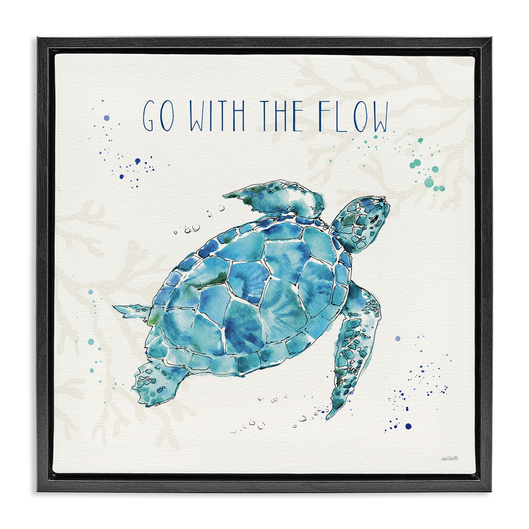 Stupell Industries Go with the Flow Turtle Tortoise Nature Painting Black Floater Framed Canvas Art Print Wall Art, 18 x 18