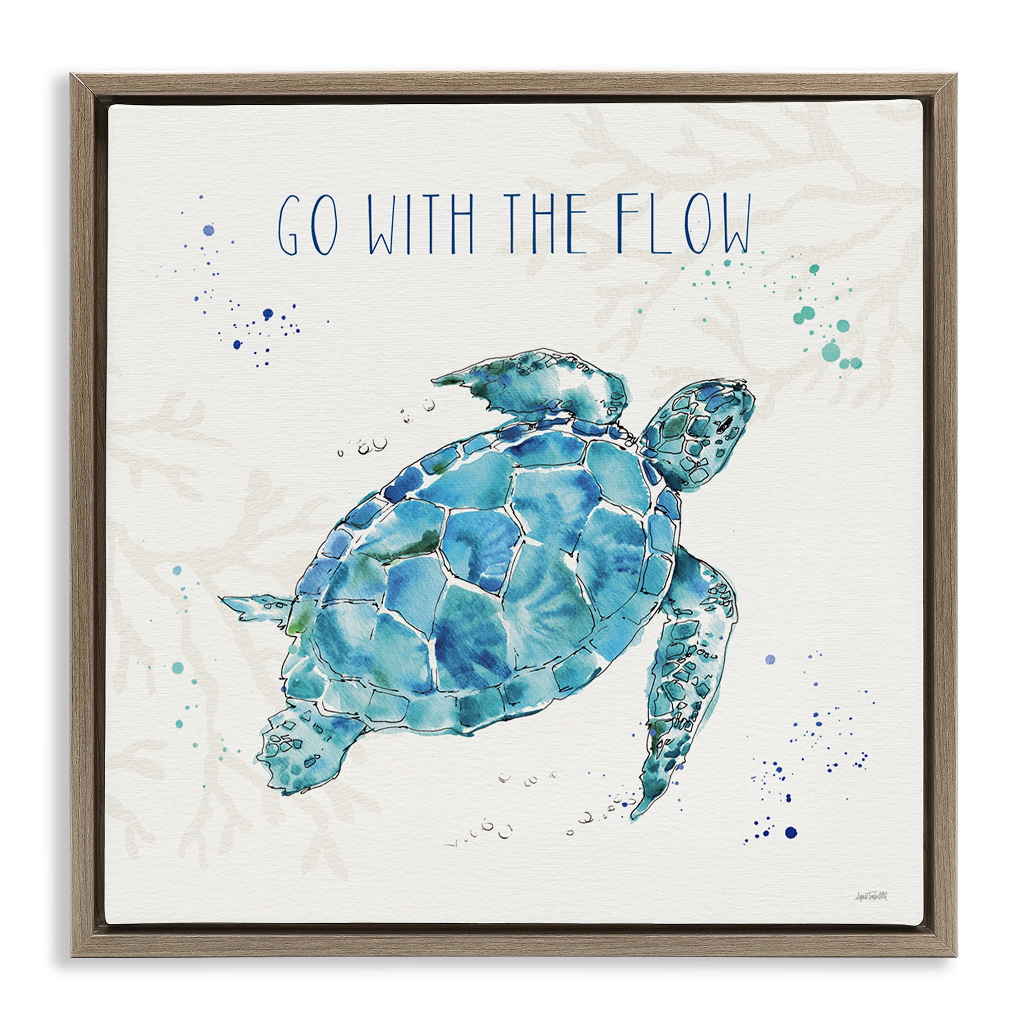Stupell Industries Go with the Flow Turtle Tortoise Nature Painting Brown Floater Framed Canvas Art Print Wall Art, 25 x 25