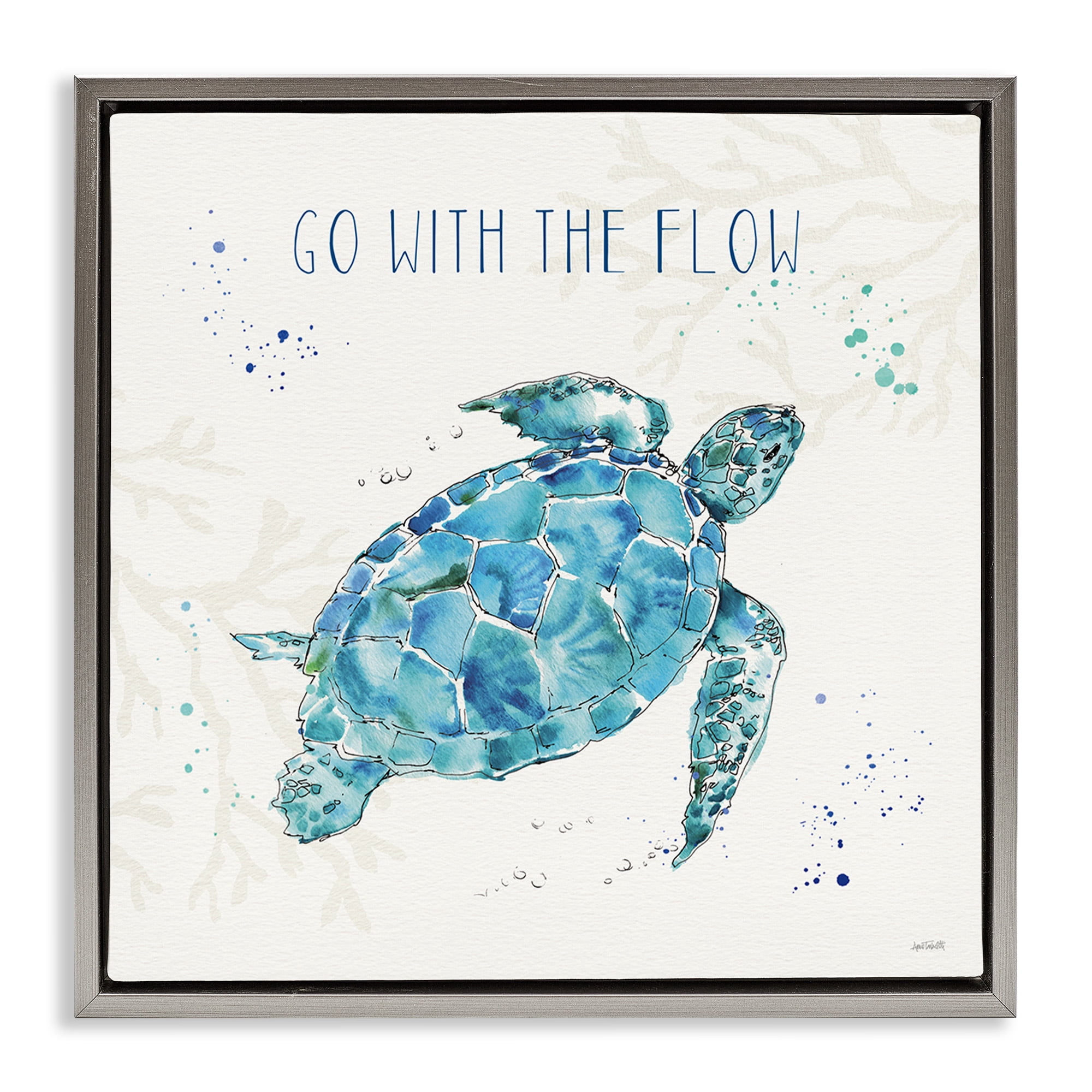 Stupell Industries Go with the Flow Turtle Tortoise Nature Painting Gray Floater Framed Canvas Art Print Wall Art, 25 x 25