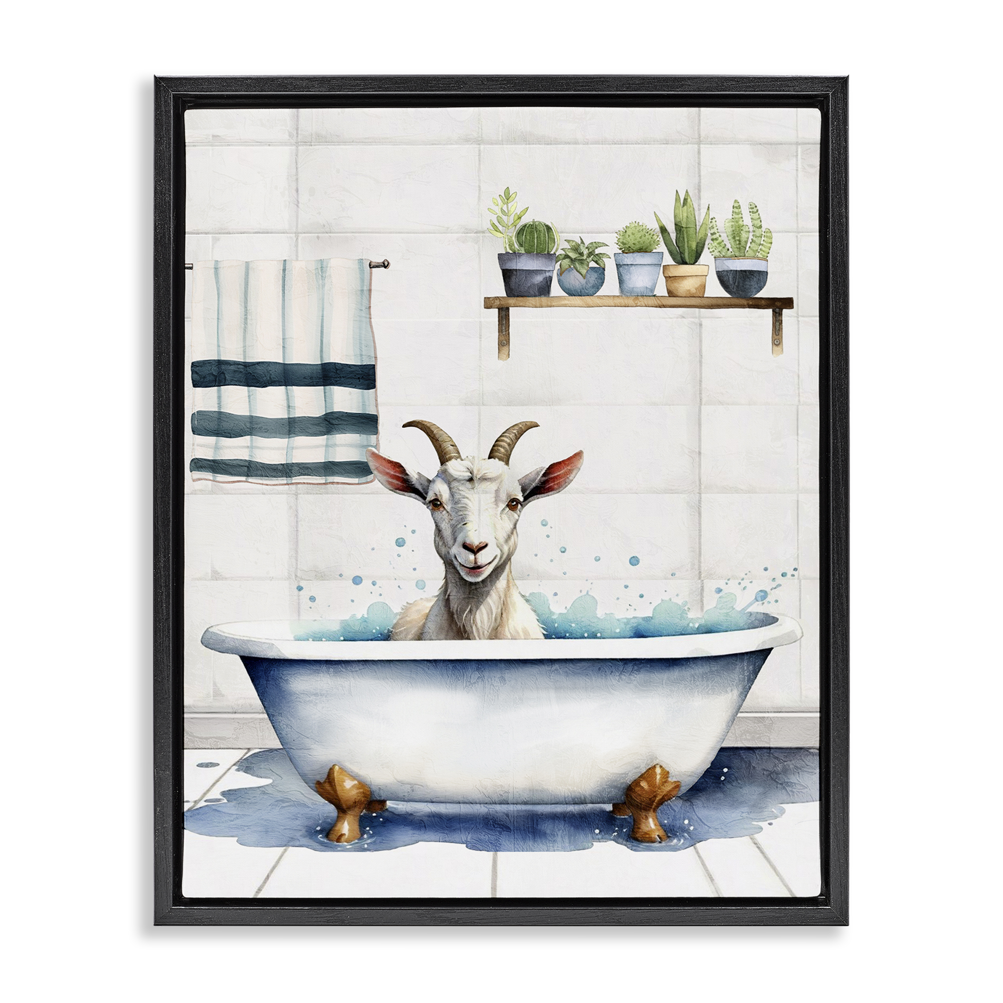 Stupell Industries Goat Bathtime Suds Bath & Laundry Painting Black Floater Framed Canvas Art Print Wall Art, 25 x 31