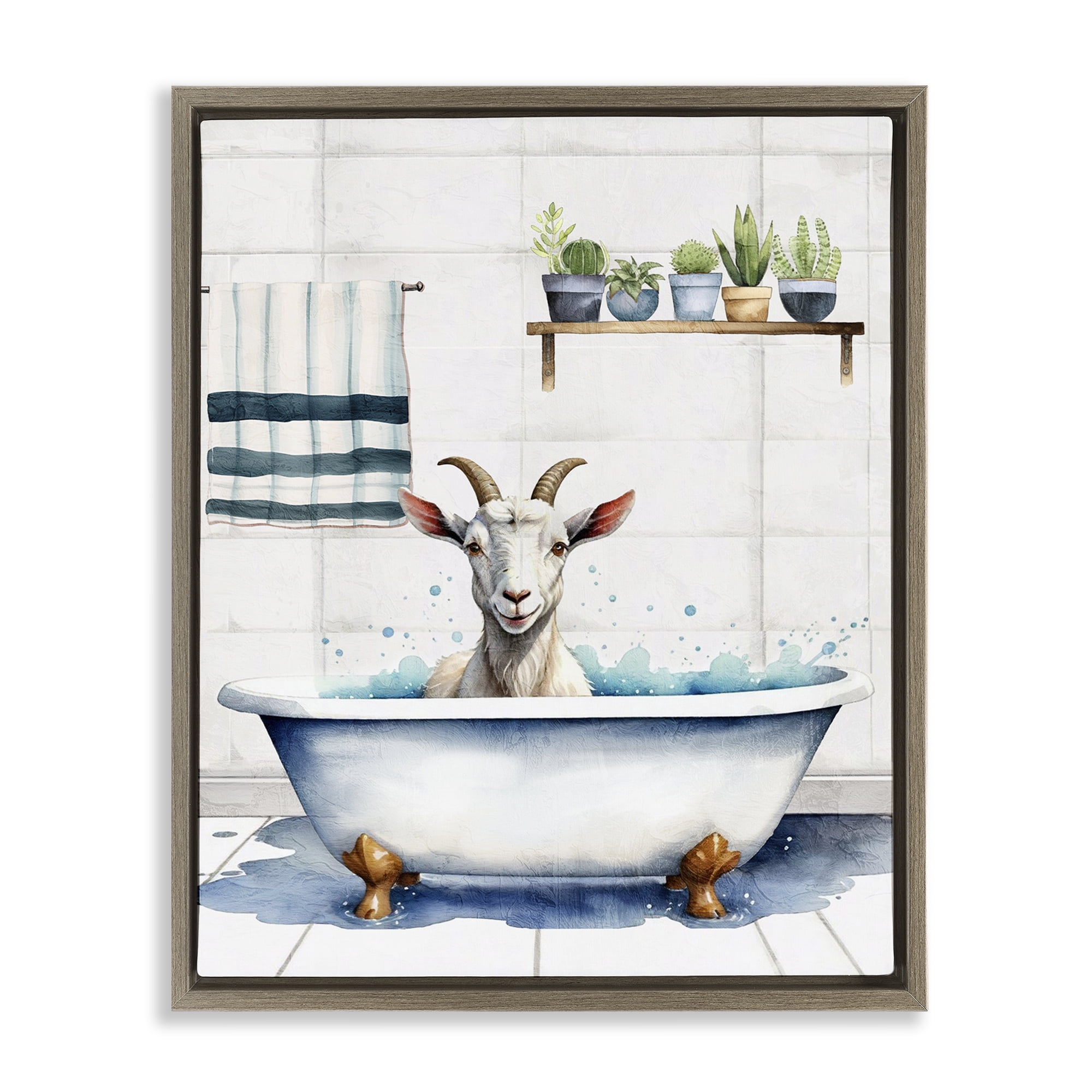 Stupell Industries Goat Bathtime Suds Bath & Laundry Painting Brown Floater Framed Canvas Art Print Wall Art, 25 x 31