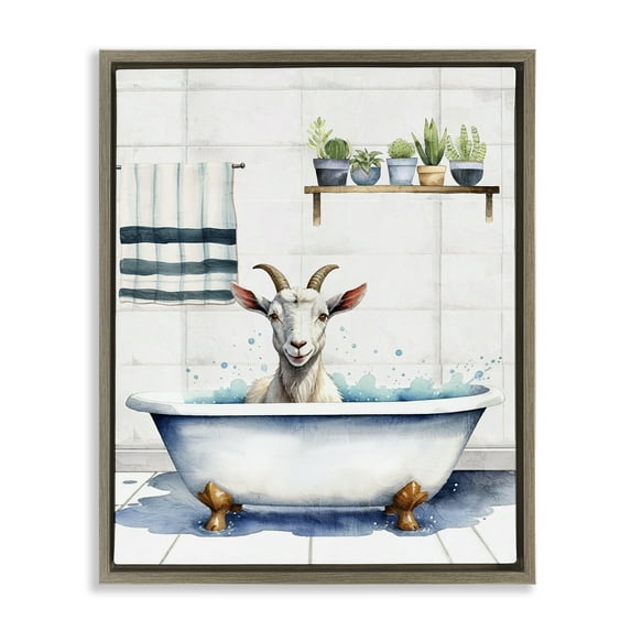 Stupell Industries Goat Bathtime Suds Bath & Laundry Painting Brown Floater Framed Canvas Art Print Wall Art, 25 x 31