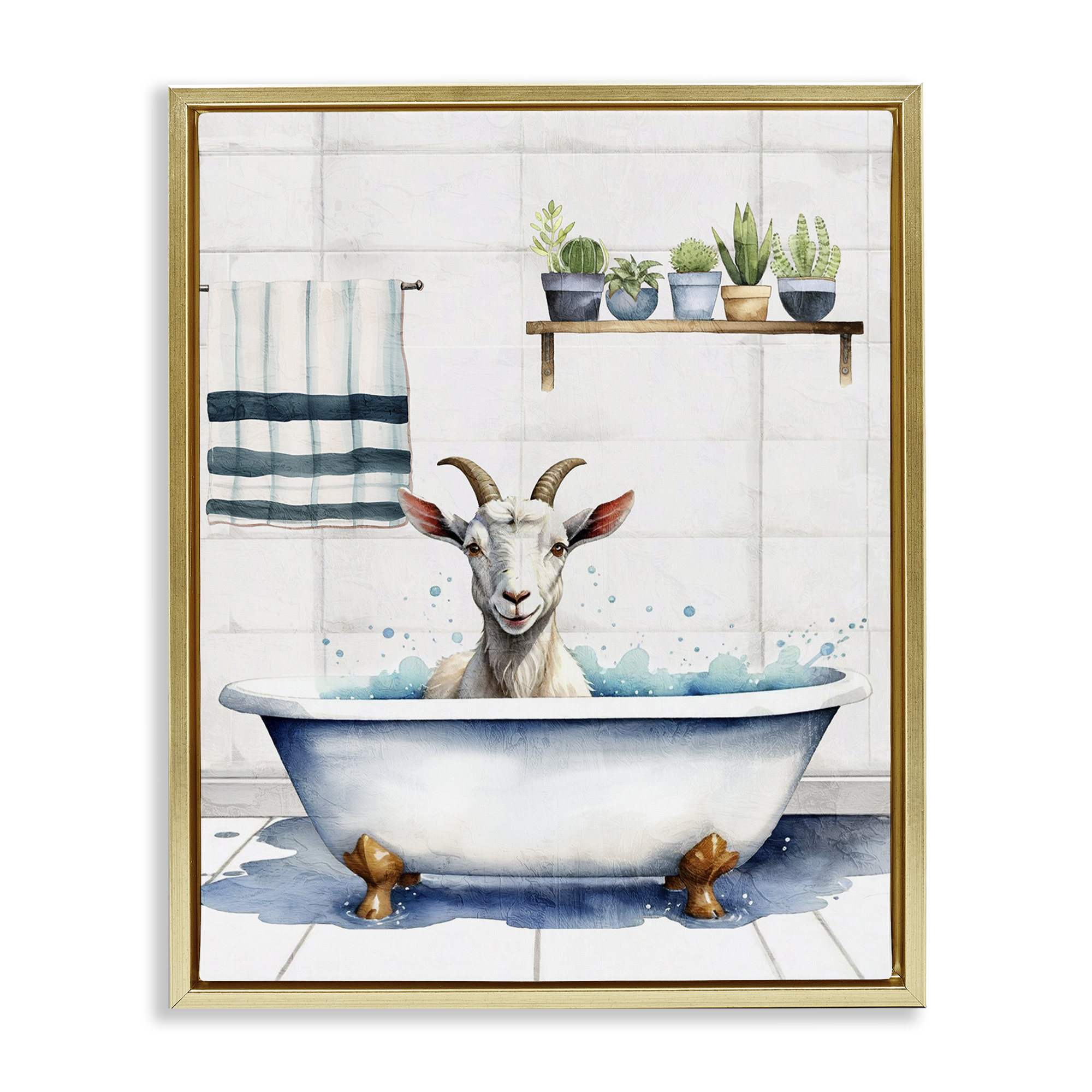Stupell Industries Goat Bathtime Suds Bath & Laundry Painting Gold Floater Framed Canvas Art Print Wall Art, 25 x 31