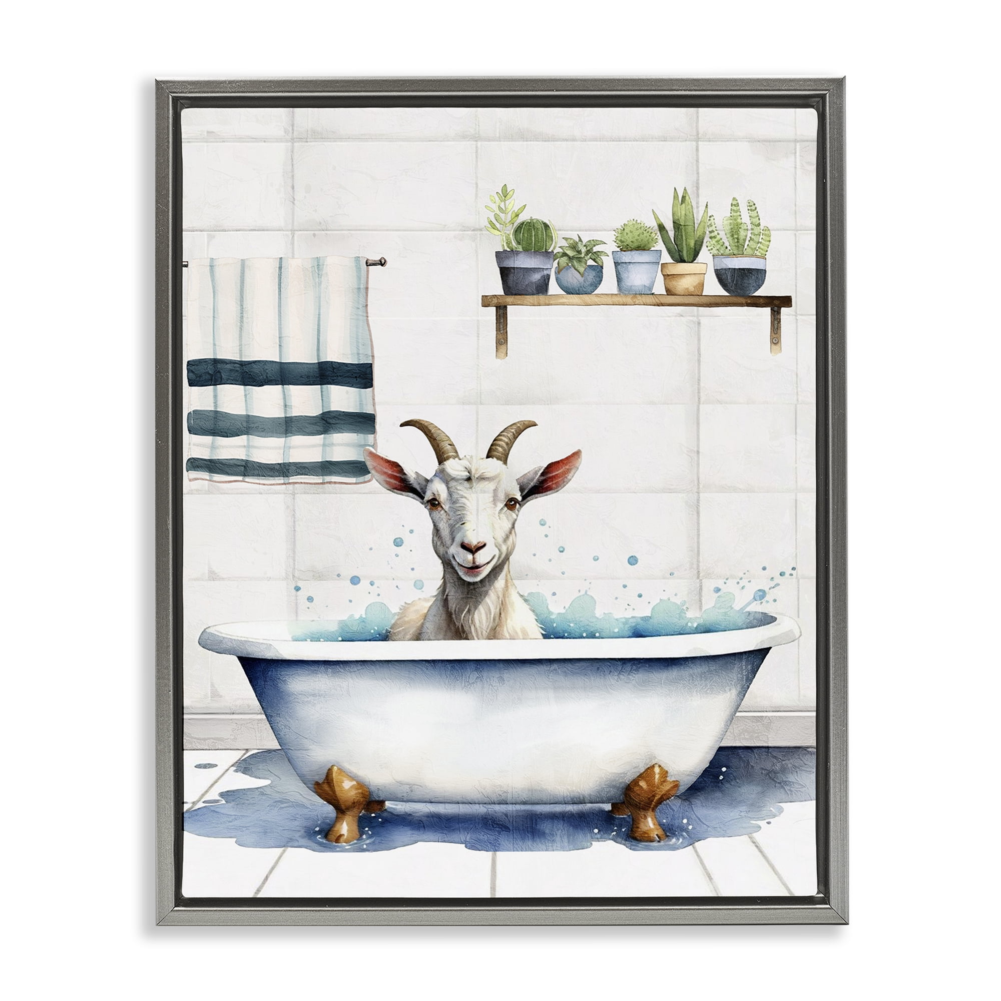 Stupell Industries Goat Bathtime Suds Bath & Laundry Painting Gray Floater Framed Canvas Art Print Wall Art, 17 x 21