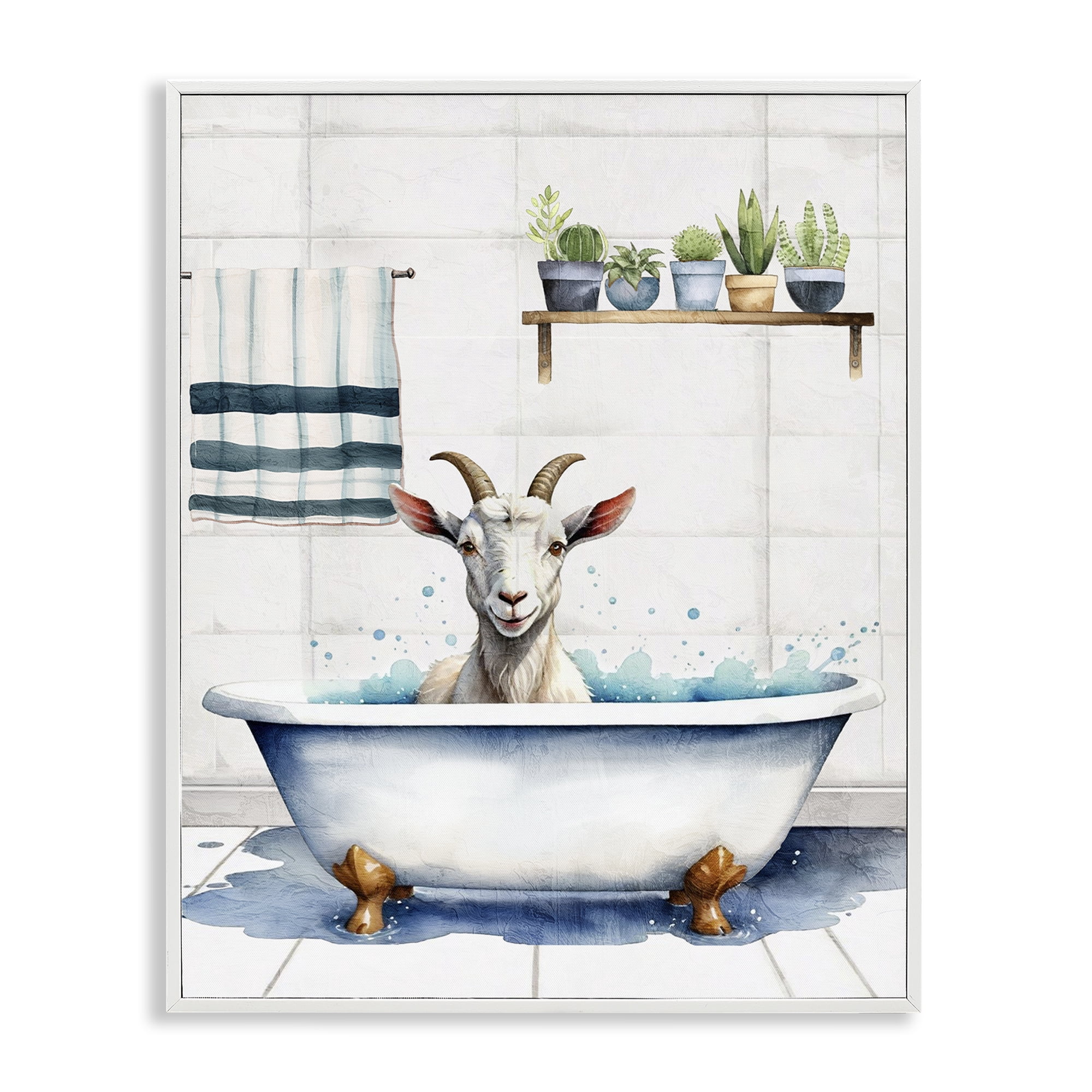 Stupell Industries Goat Bathtime Suds Bath & Laundry Painting White Framed Art Print Wall Art, 16 x 20