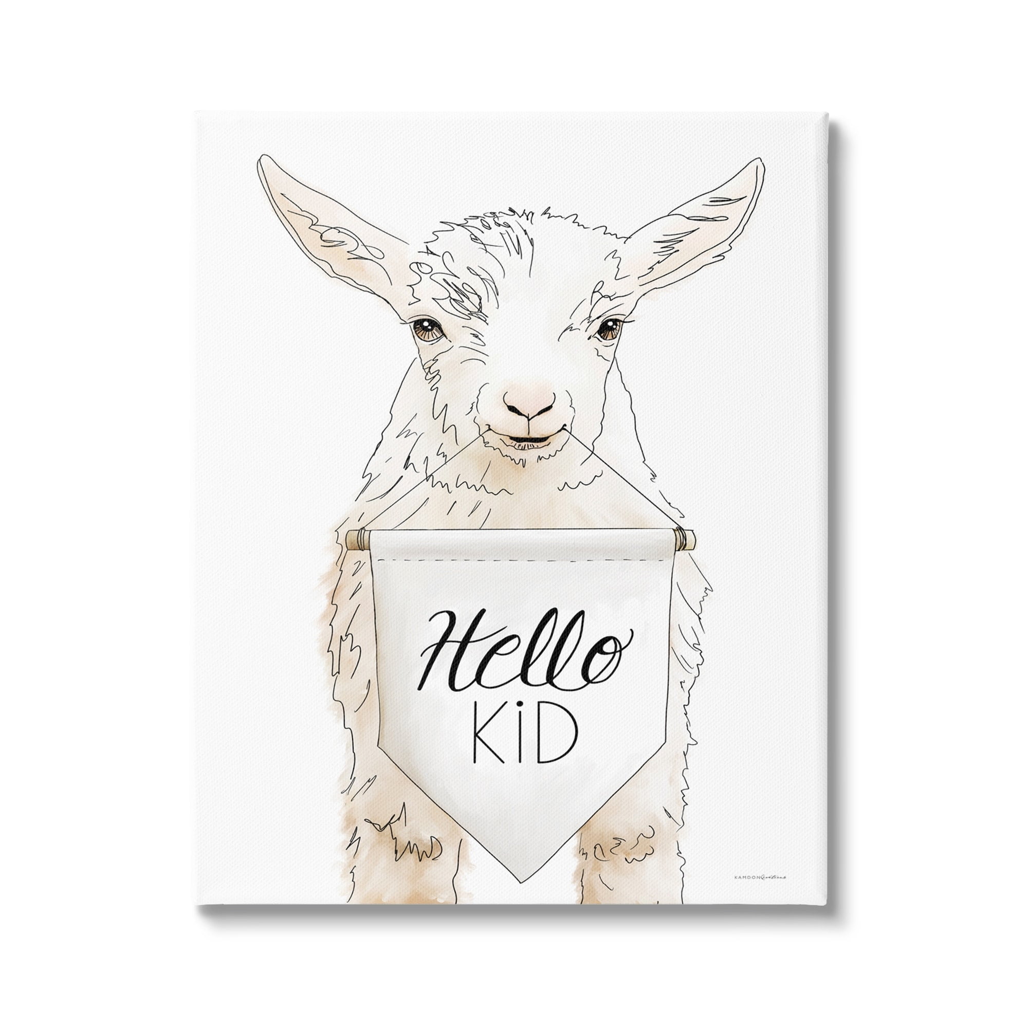 Stupell Industries Goat Holding Sign Hello Kid Text Line Drawing Canvas Wall Art, 24 x 30, Design by Kamdon Kreations