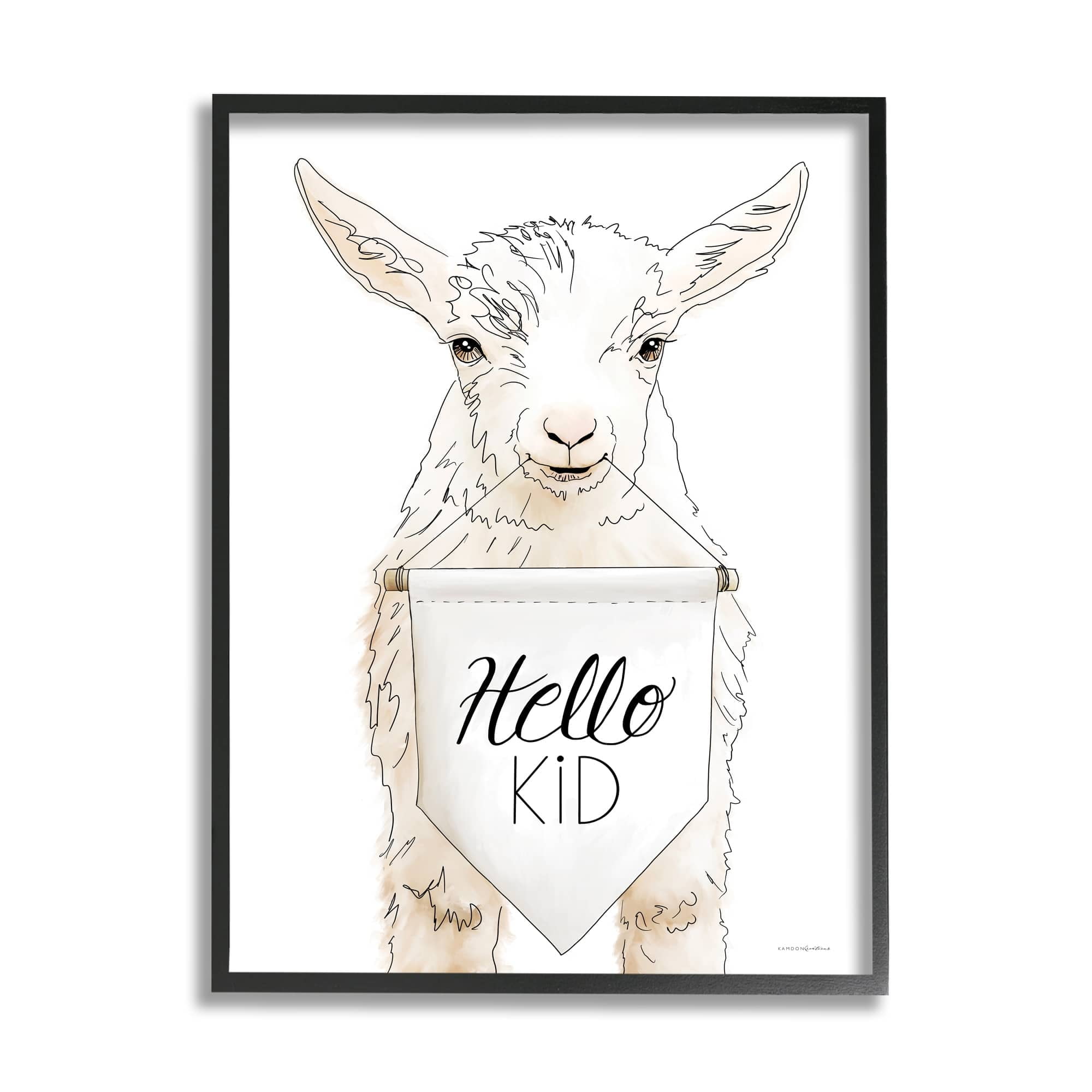 Stupell Industries Goat Holding Sign Hello Kid Text Line Drawing Framed Wall Art, 11 x 14, Design by Kamdon Kreations