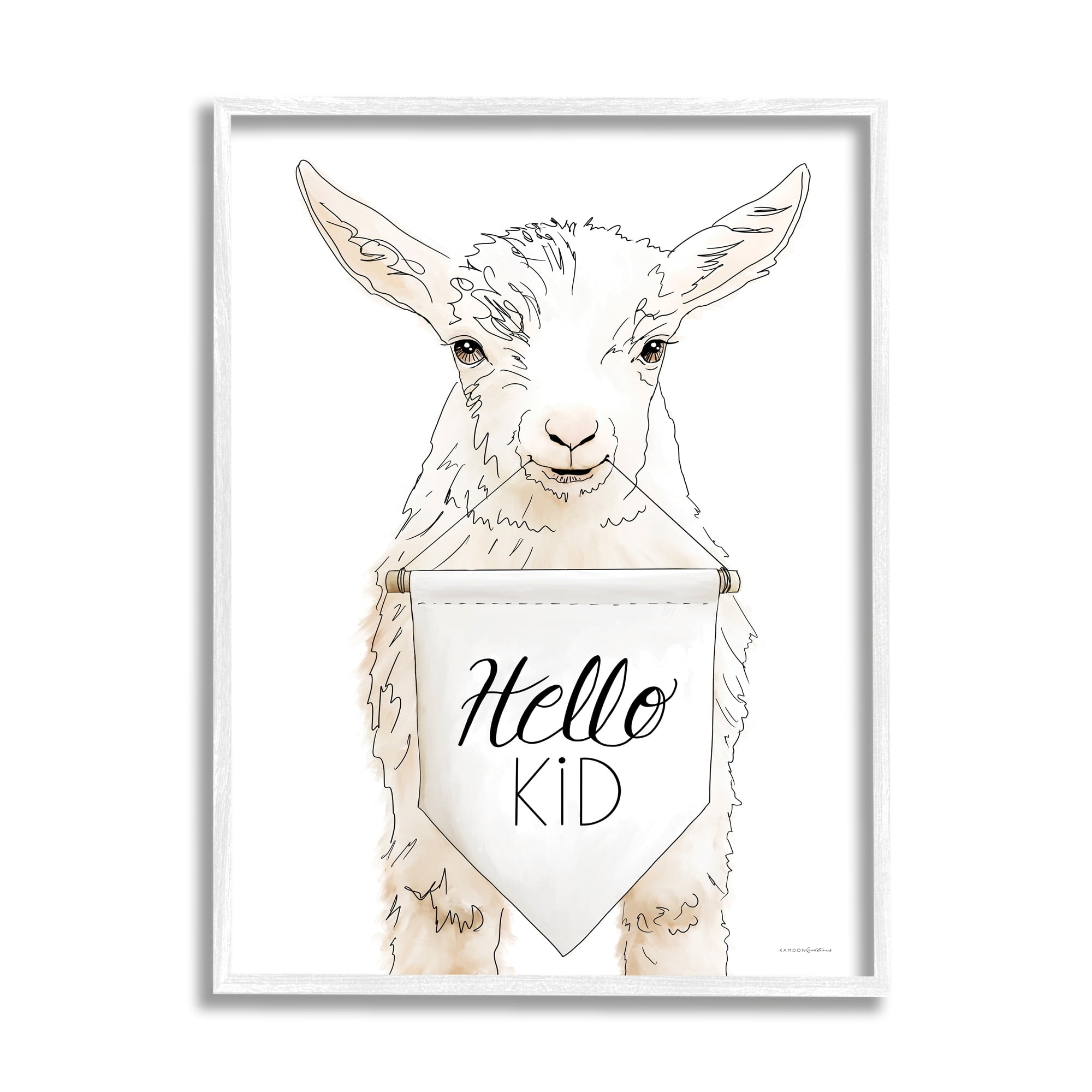 Stupell Industries Goat Holding Sign Hello Kid Text Line Drawing Framed Wall Art, 11 x 14, Design by Kamdon Kreations