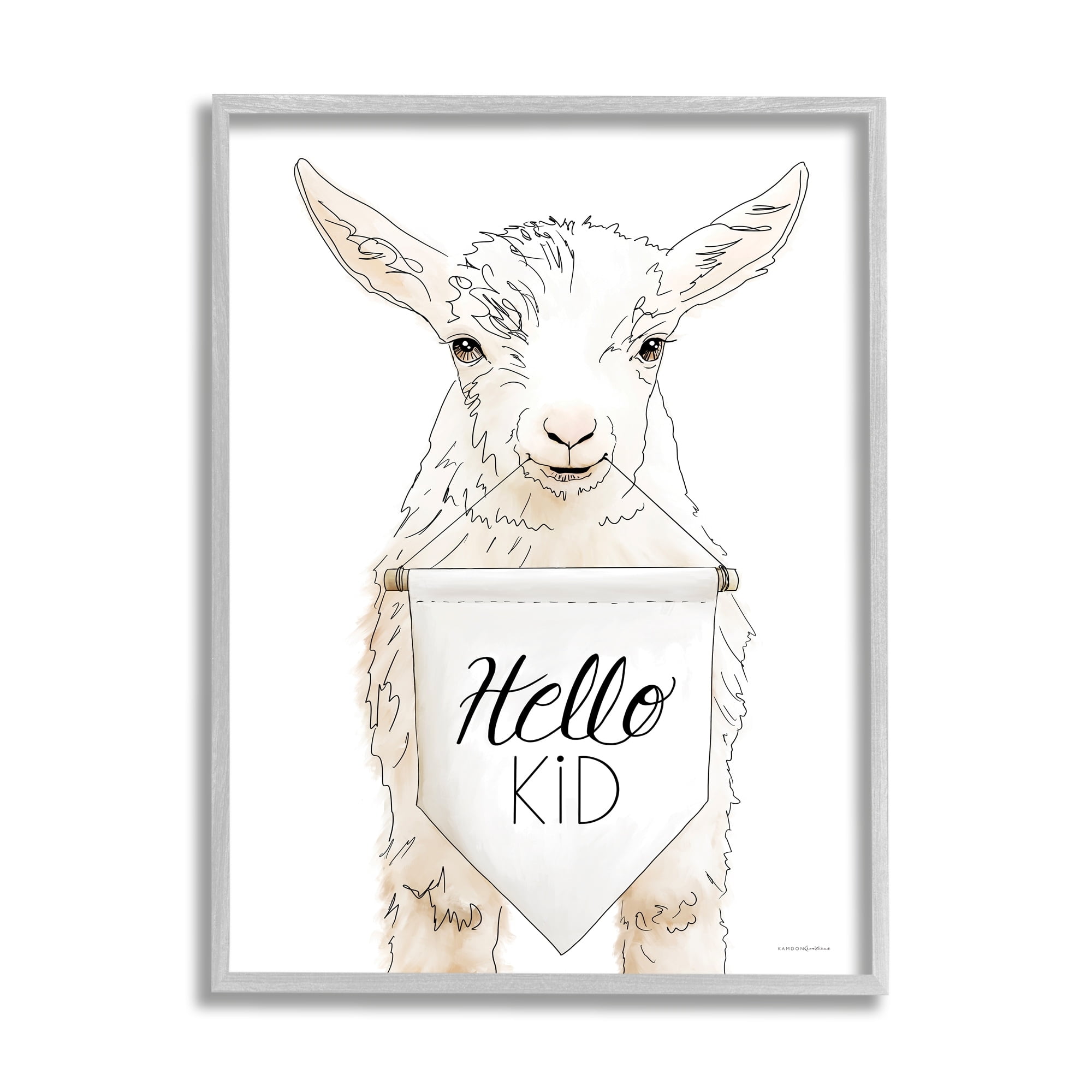 Stupell Industries Goat Holding Sign Hello Kid Text Line Drawing Framed Wall Art, 16 x 20, Design by Kamdon Kreations