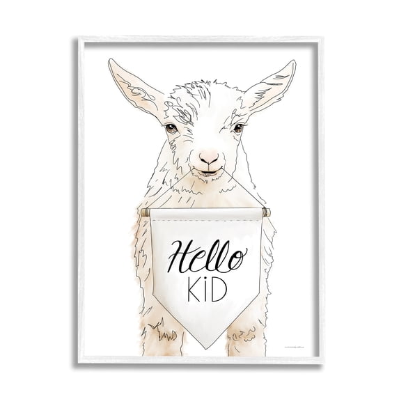 Stupell Industries Goat Holding Sign Hello Kid Text Line Drawing Framed Wall Art, 24 x 30, Design by Kamdon Kreations