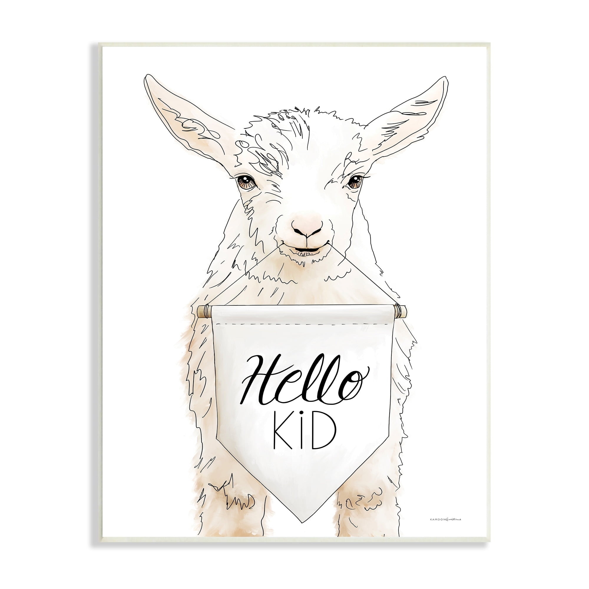 Stupell Industries Goat Holding Sign Hello Kid Text Line Drawing Wood Wall Art, 13 x 19, Design by Kamdon Kreations