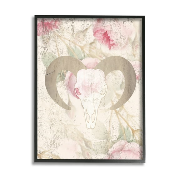 Stupell Industries Goat Skull Floral Rose Blooms Animals & Insects Painting Black Framed Art Print Wall Art