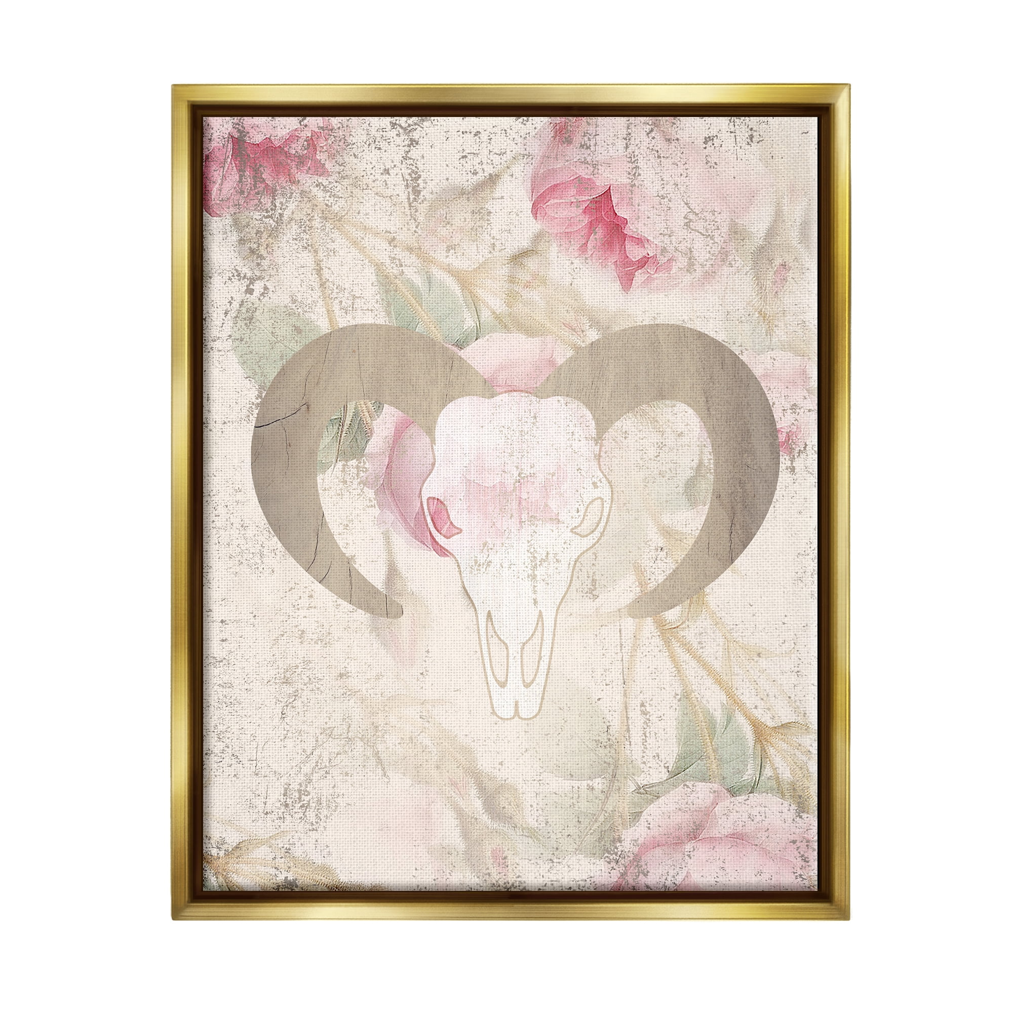 Stupell Industries Goat Skull Floral Rose Blooms Animals & Insects Painting Gold Floater Framed Art Print Wall Art