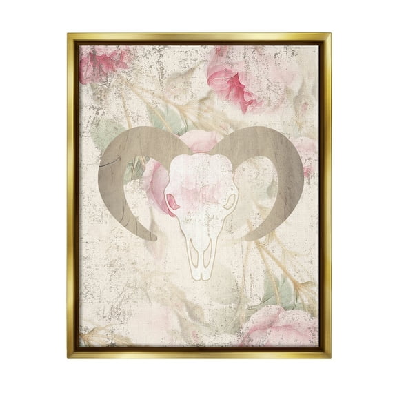Stupell Industries Goat Skull Floral Rose Blooms Animals & Insects Painting Gold Floater Framed Art Print Wall Art