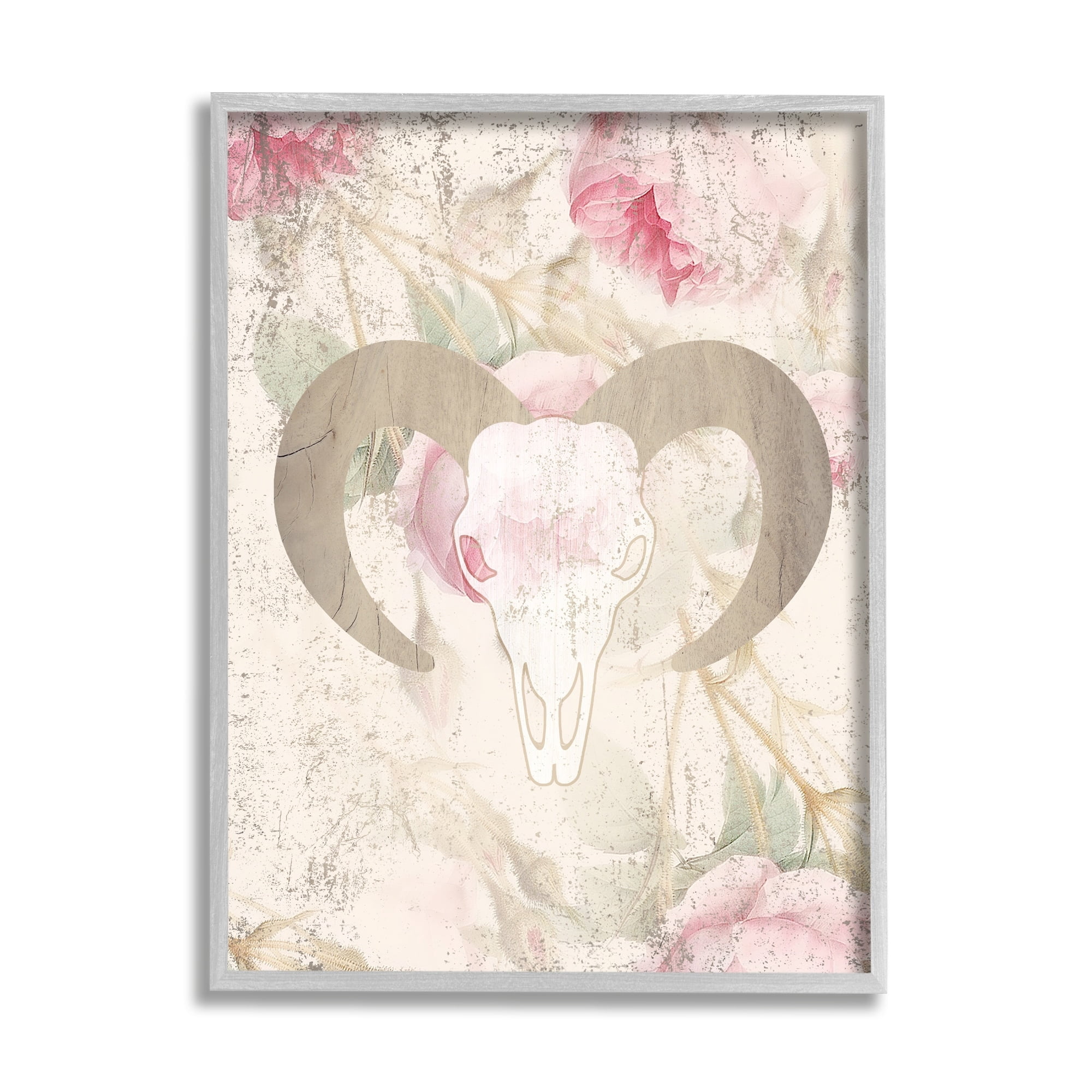 Stupell Industries Goat Skull Floral Rose Blooms Animals & Insects Painting Gray Framed Art Print Wall Art