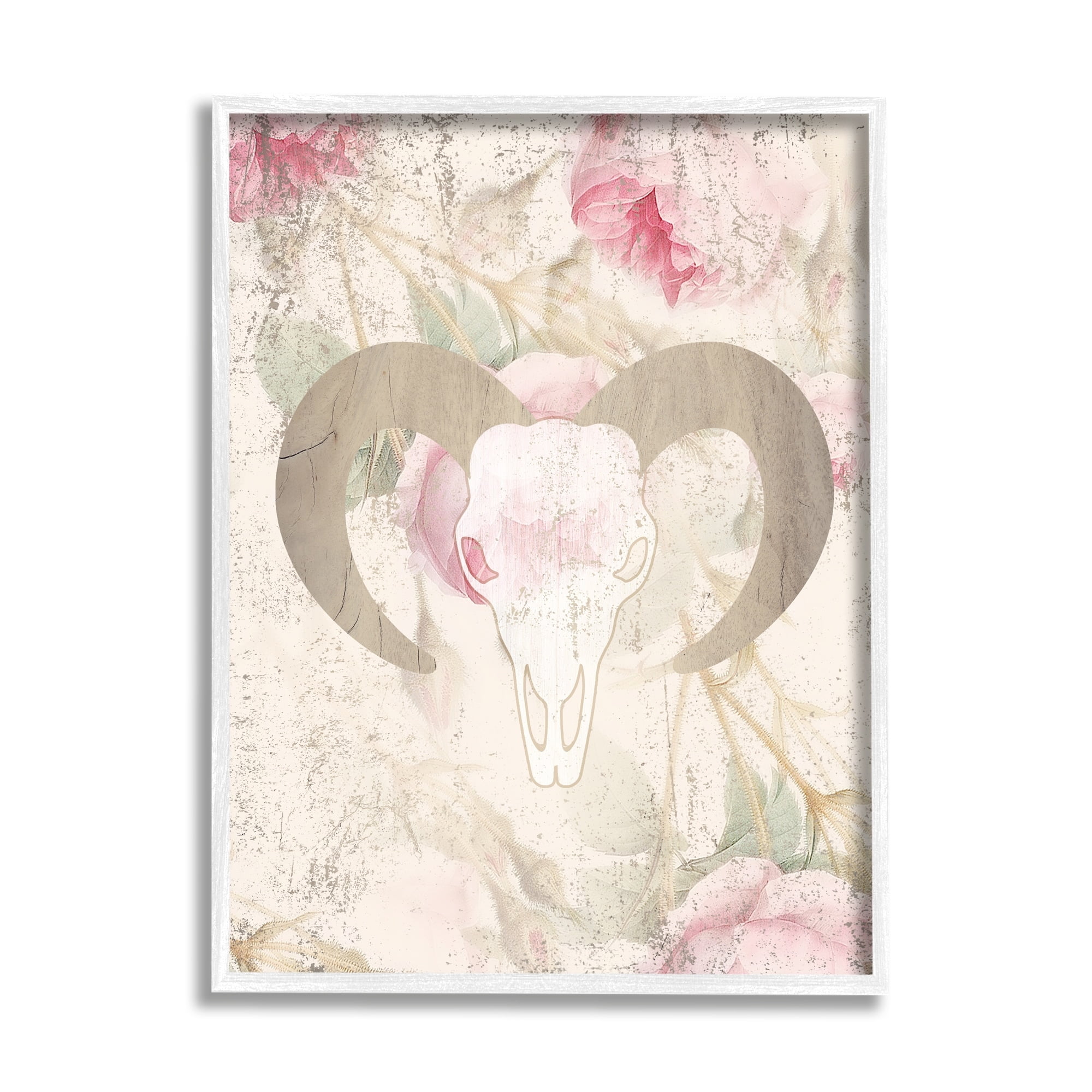 Stupell Industries Goat Skull Floral Rose Blooms Animals & Insects Painting White Framed Art Print Wall Art