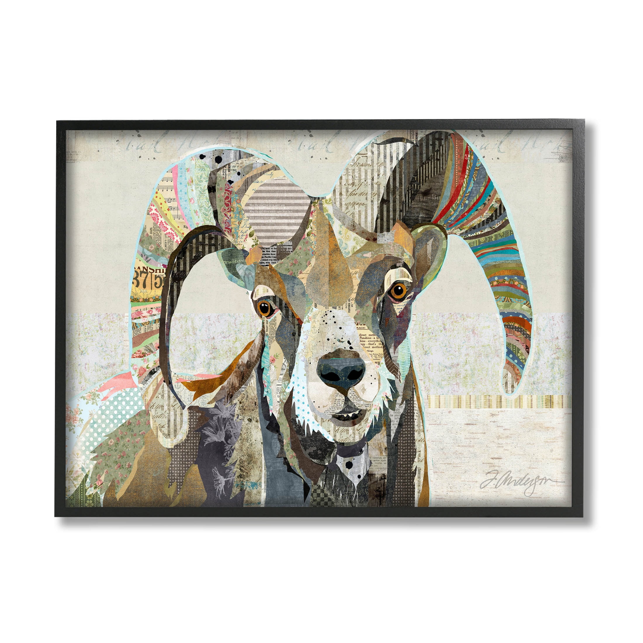 Stupell Industries Goat Striped Horns Ephemera Collage Graphic Art Black Framed Art Print Wall Art, Design by Traci Anderson