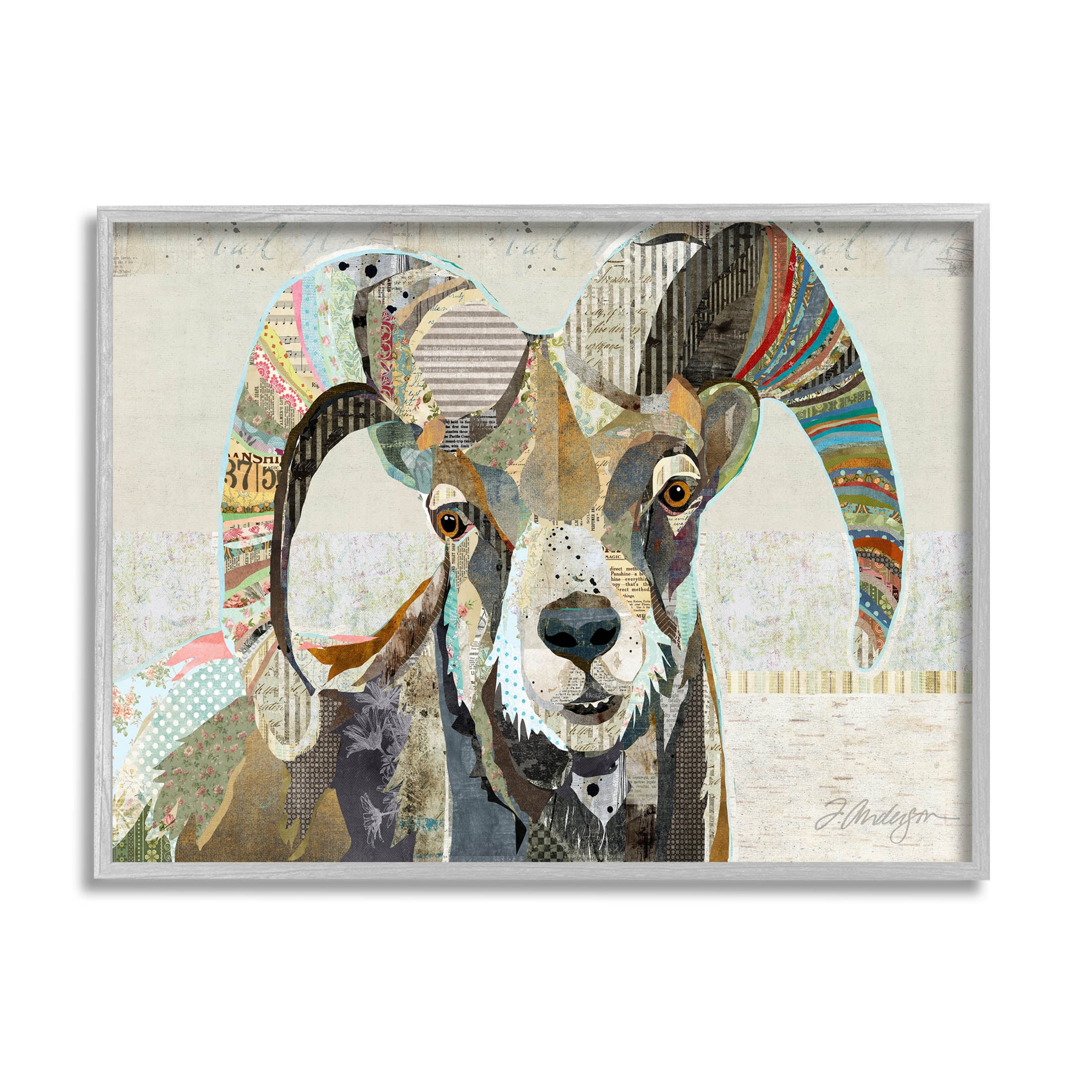 Stupell Industries Goat Striped Horns Ephemera Collage Graphic Art Gray Framed Art Print Wall Art, Design by Traci Anderson