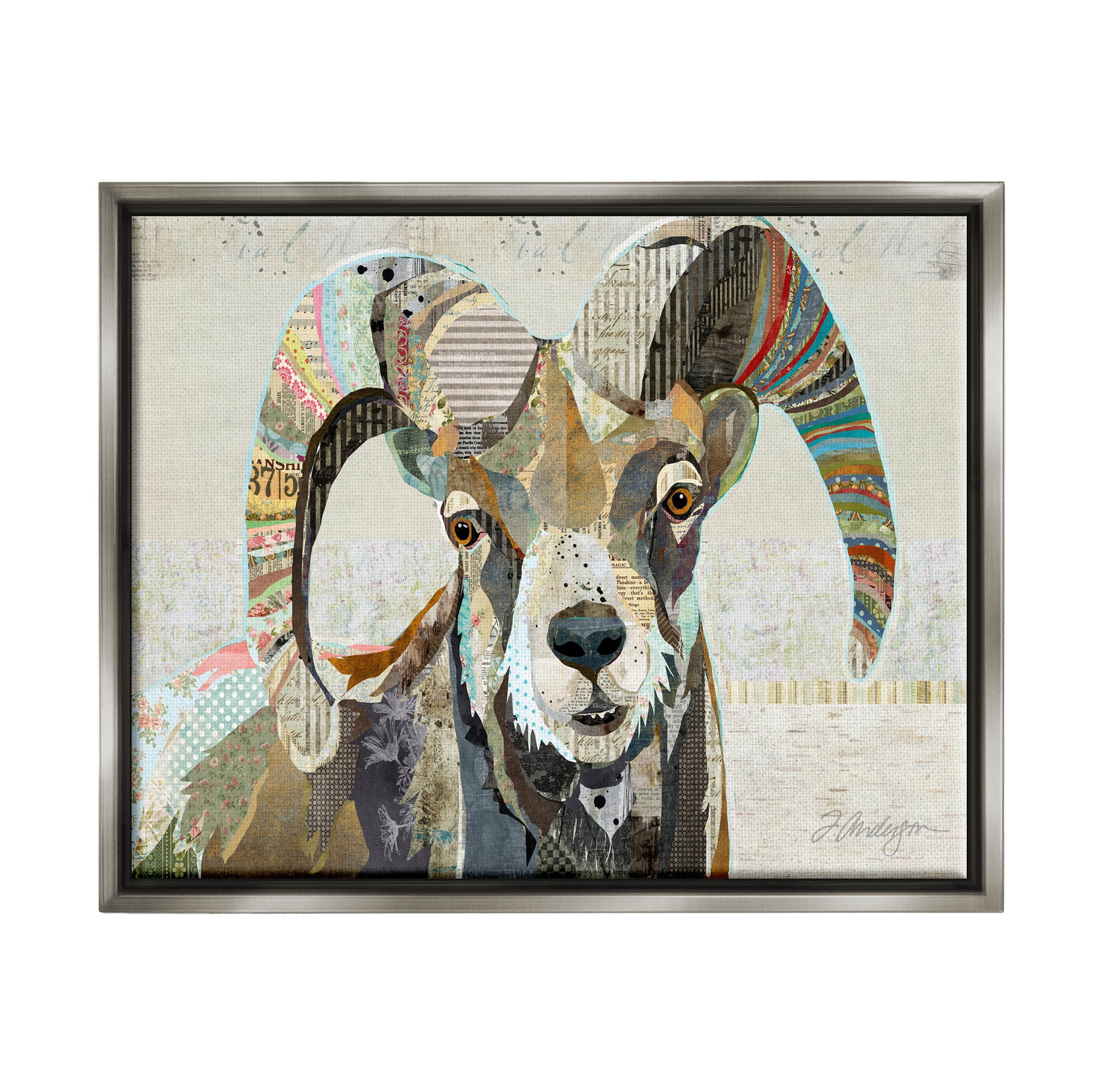 Stupell Industries Goat Striped Horns Ephemera Collage Graphic Art Luster Gray Floating Framed Canvas Print Wall Art, Design by Traci Anderson