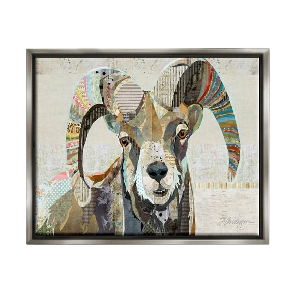 Stupell Industries Goat Striped Horns Ephemera Collage Graphic Art Luster Gray Floating Framed Canvas Print Wall Art, Design by Traci Anderson