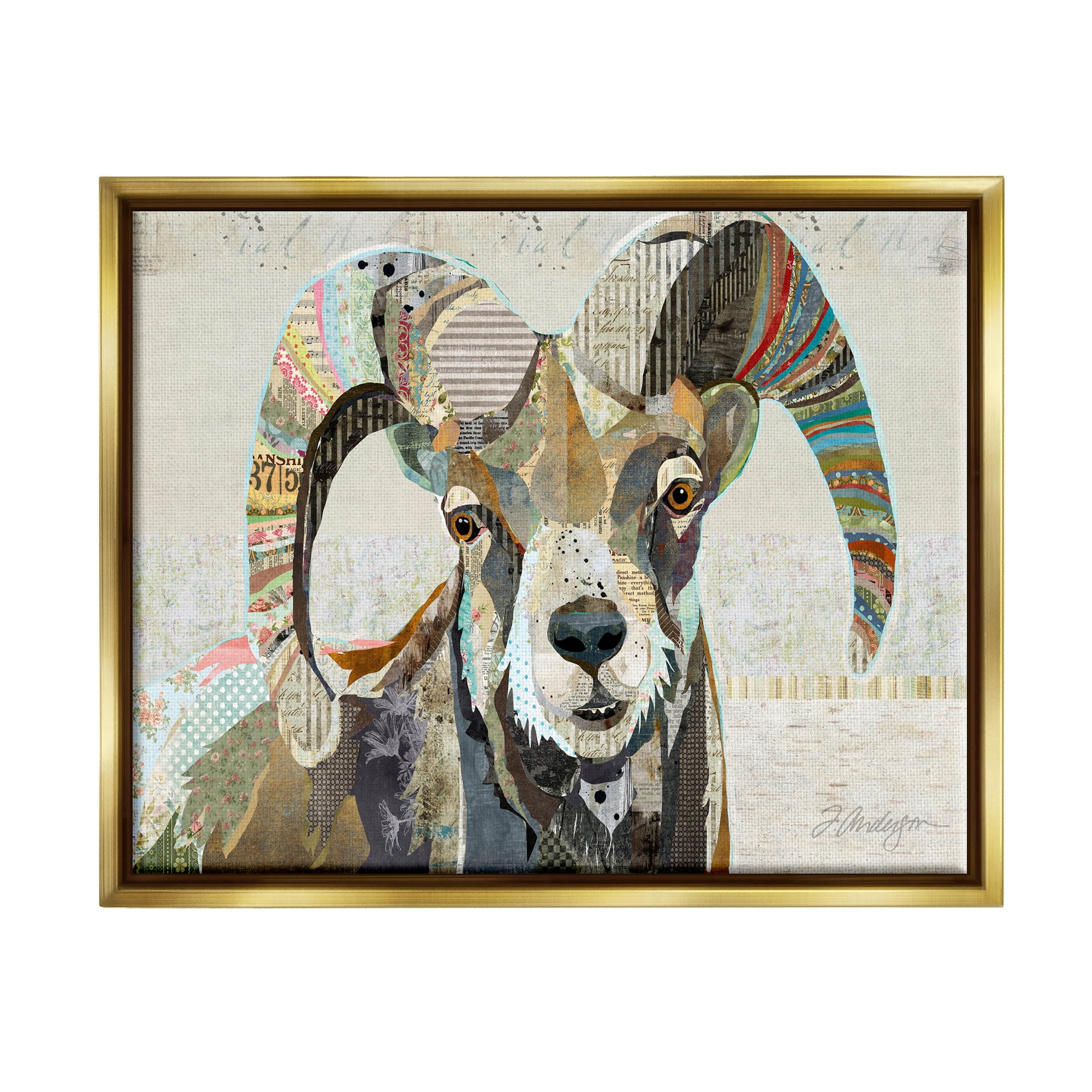Stupell Industries Goat Striped Horns Ephemera Collage Graphic Art Metallic Gold Floating Framed Canvas Print Wall Art, Design by Traci Anderson
