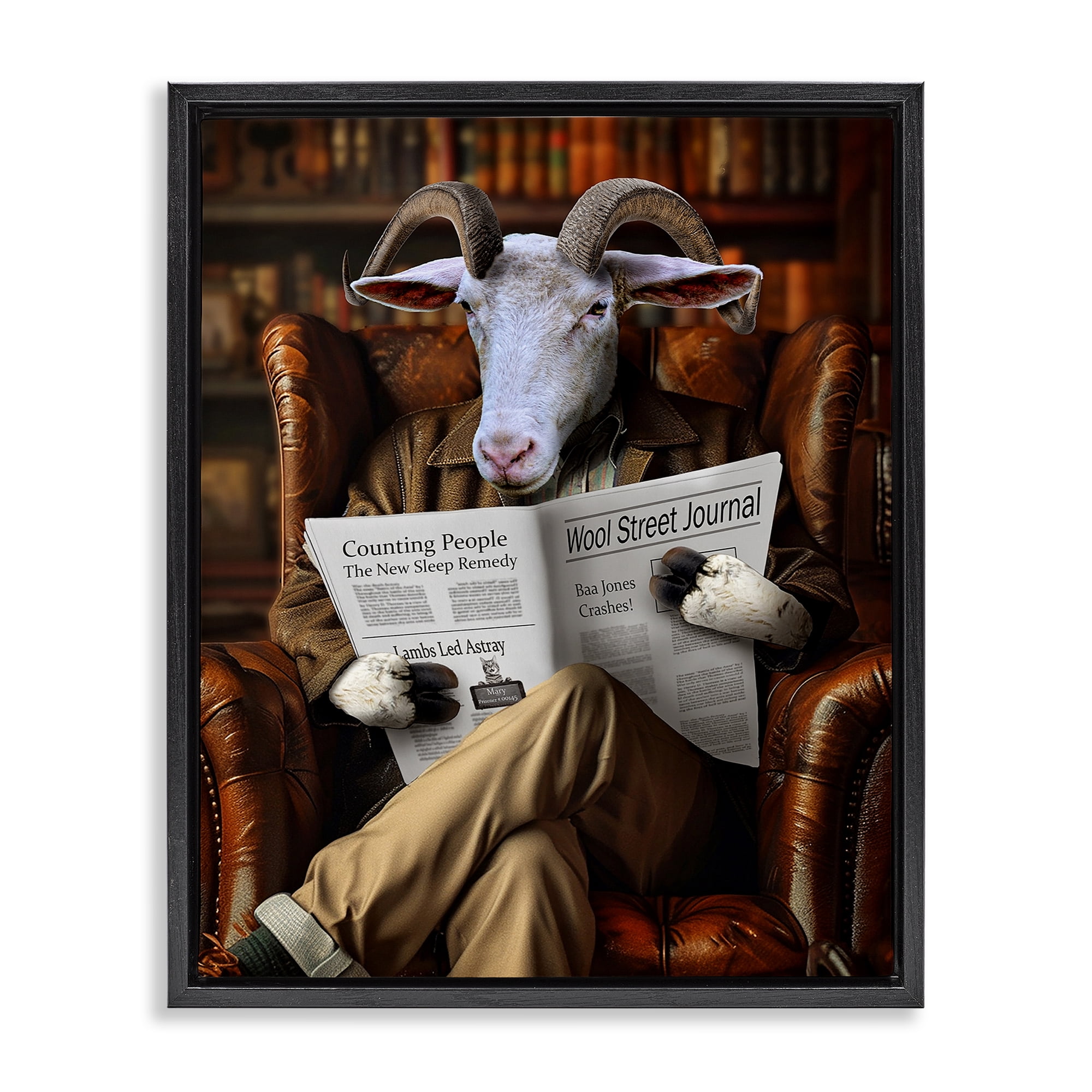 Stupell Industries Goat in Vintage Library Animals & Insects Painting Black Floater Framed Canvas Art Print Wall Art, 17 x 21