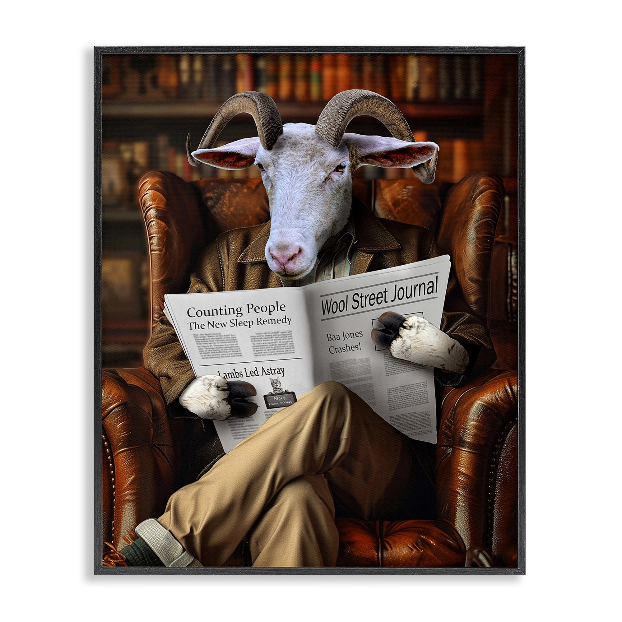 Stupell Industries Goat in Vintage Library Animals & Insects Painting Black Framed Art Print Wall Art, 11 x 14